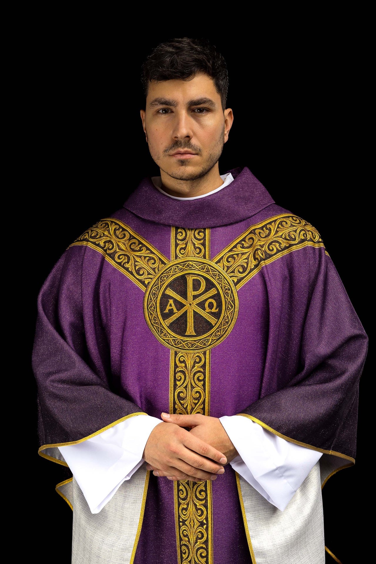 Purple printed Pax chasuble with rich gold ornamentation