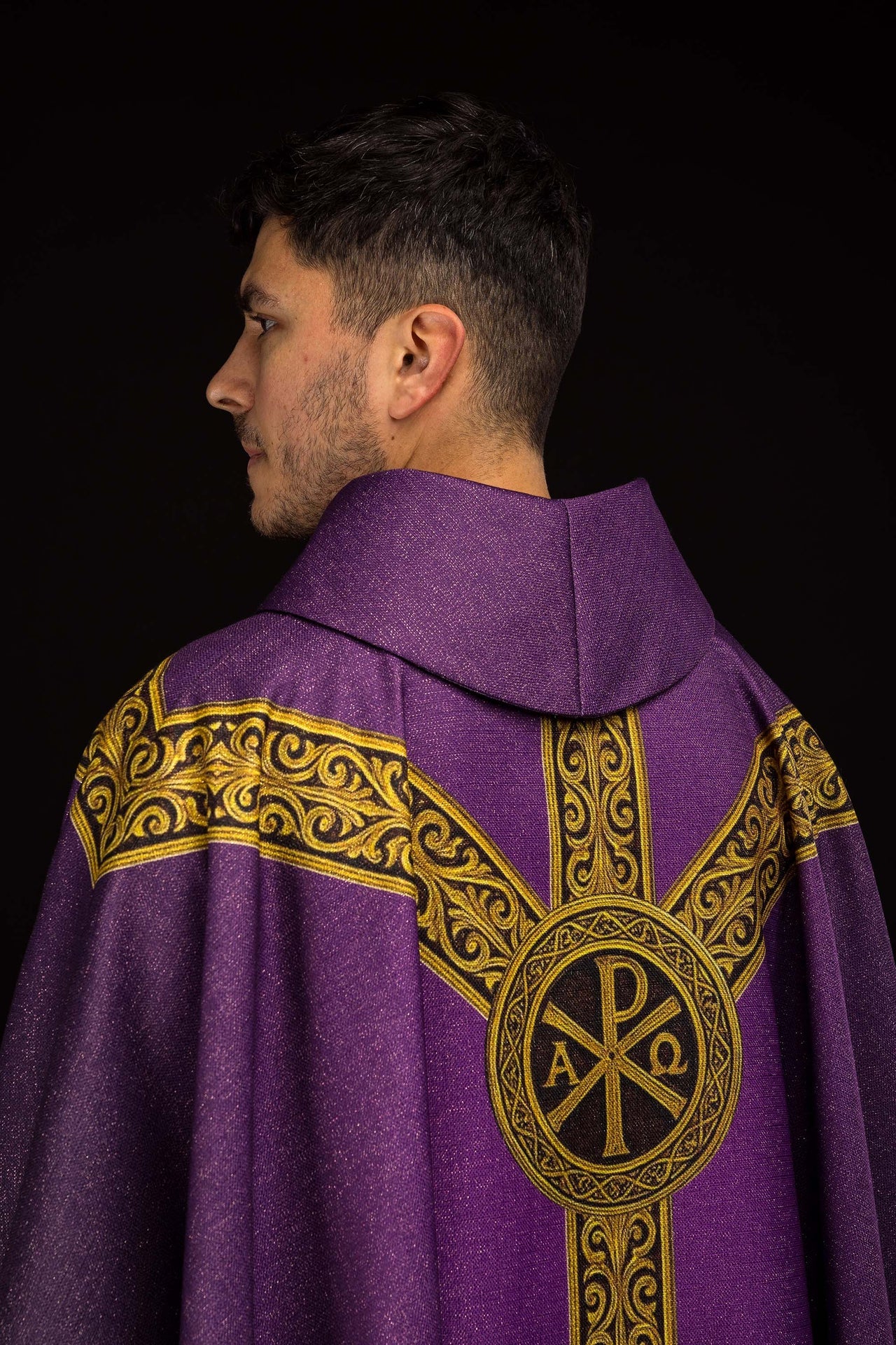 Purple printed Pax chasuble with rich gold ornamentation - CHASUBLES.COM