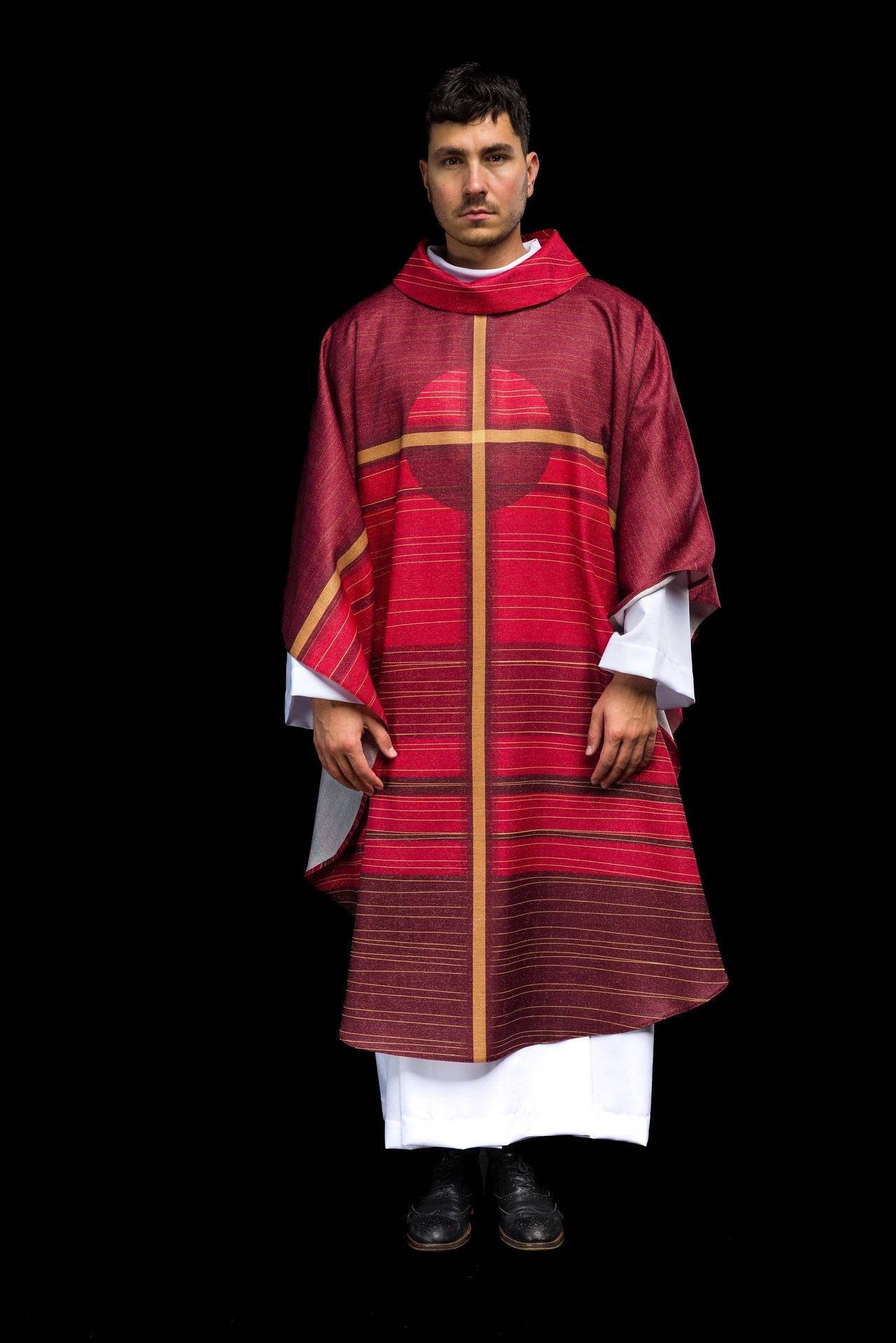 Red printed chasuble with cross motif