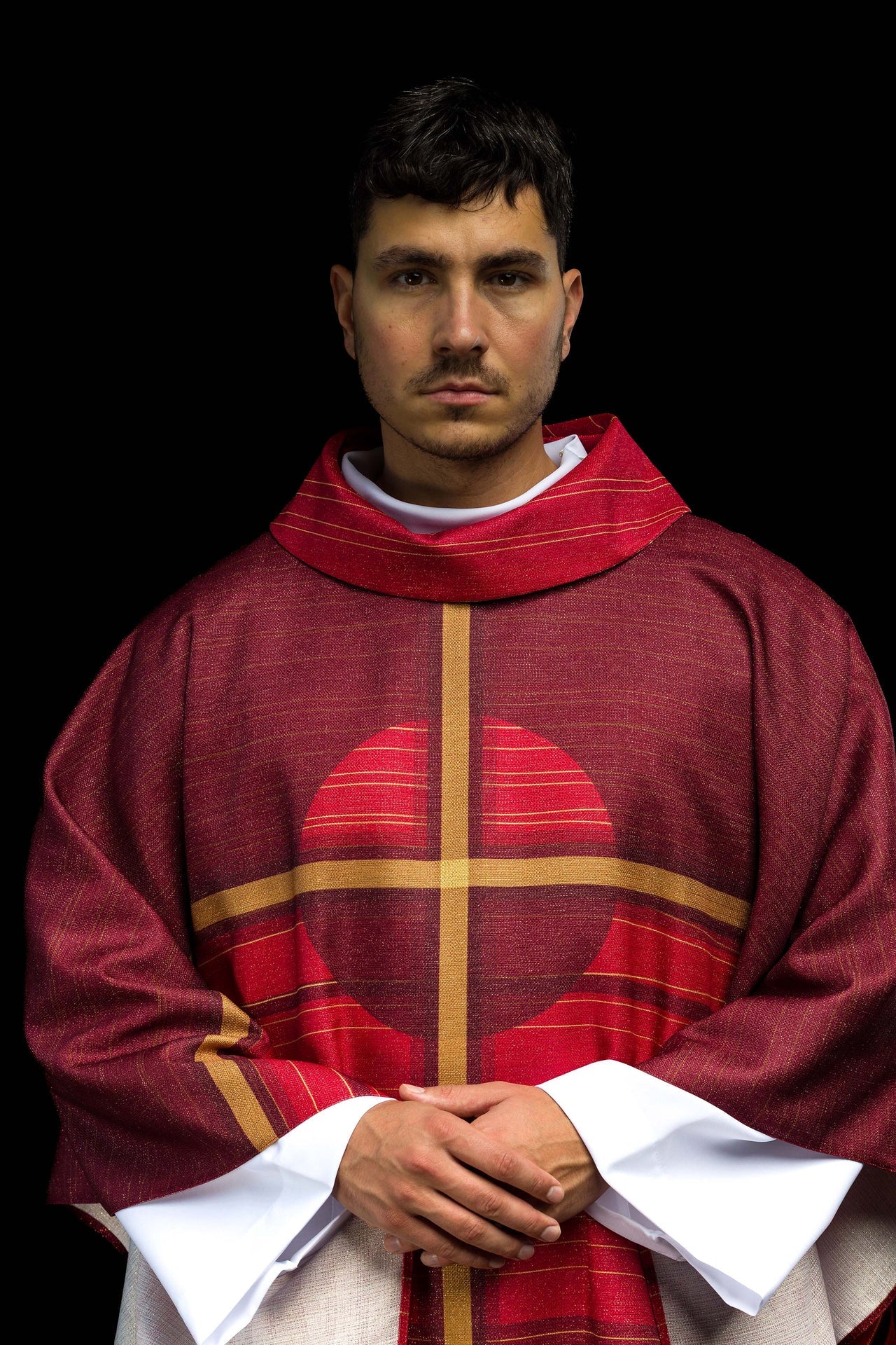 Red printed chasuble with cross motif