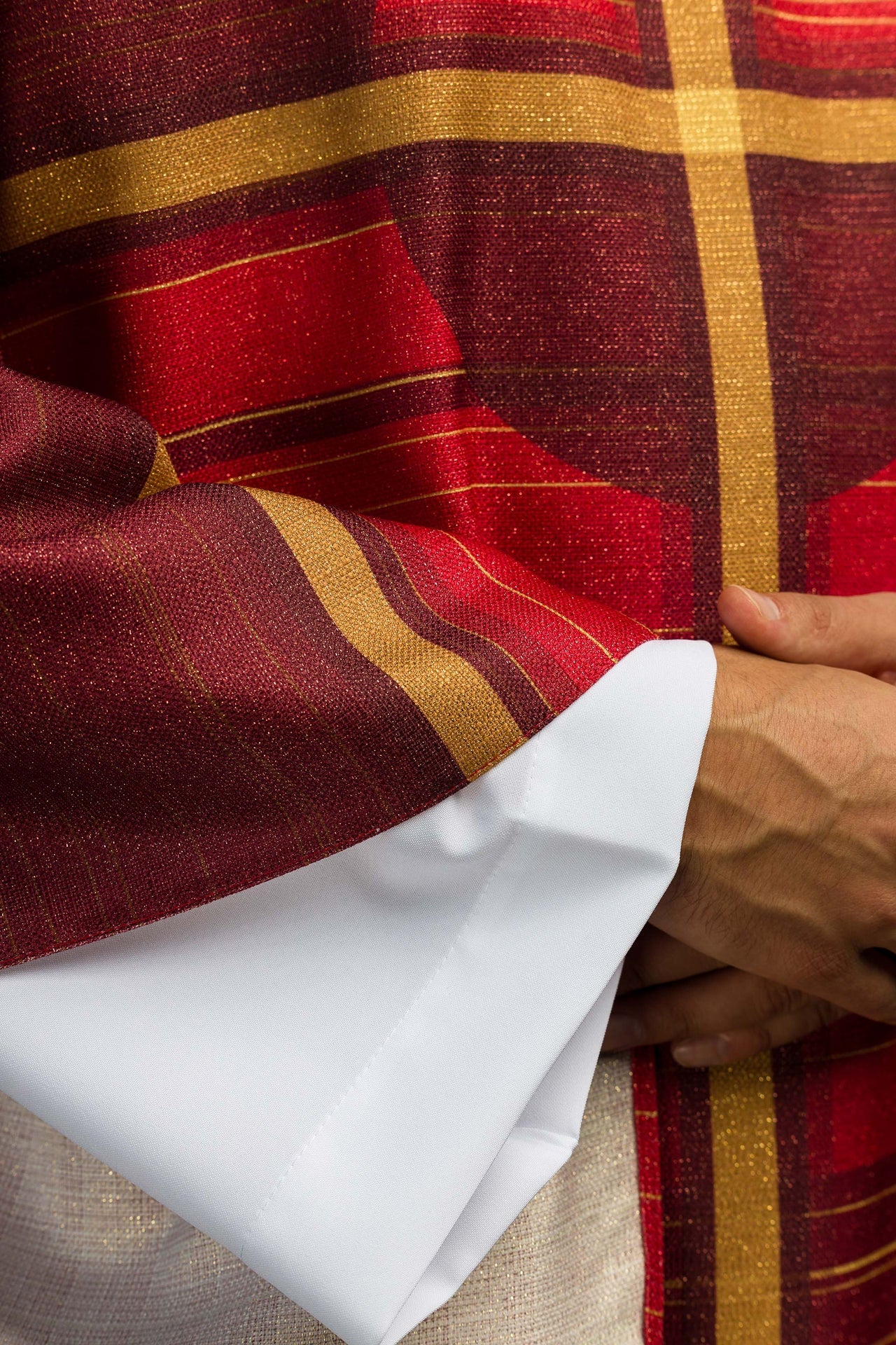 Red printed chasuble with cross motif