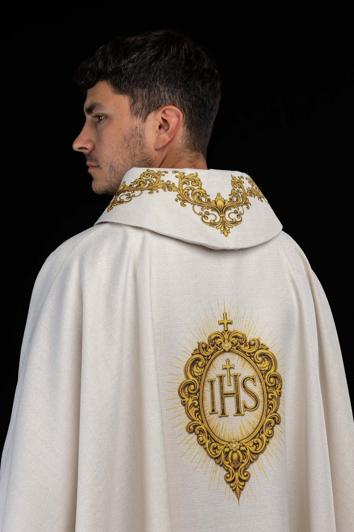 Ecru Liturgical Chasuble with Printed Sacred Heart of Jesus Motif