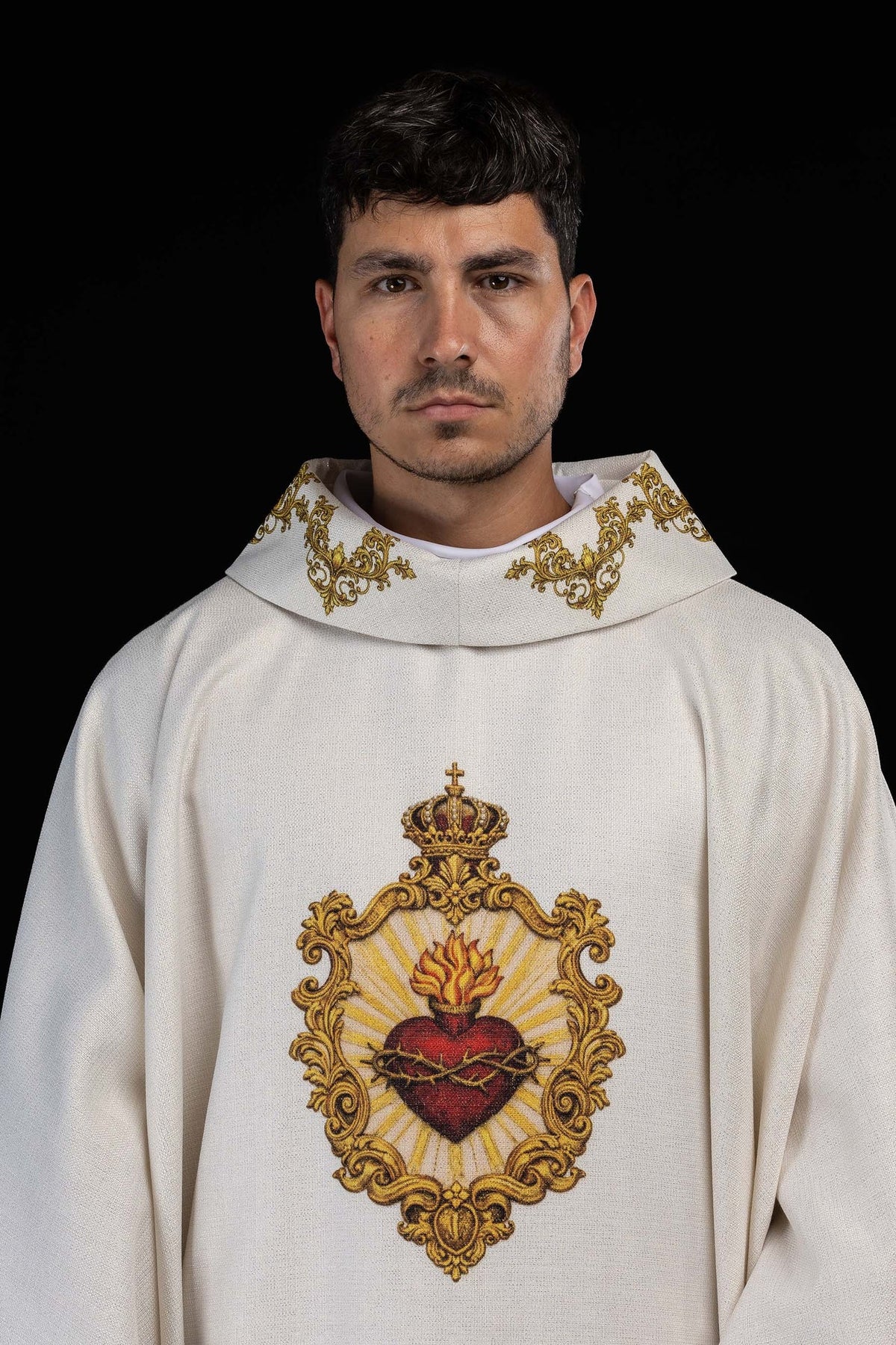 Ecru Liturgical Chasuble with Printed Sacred Heart of Jesus Motif