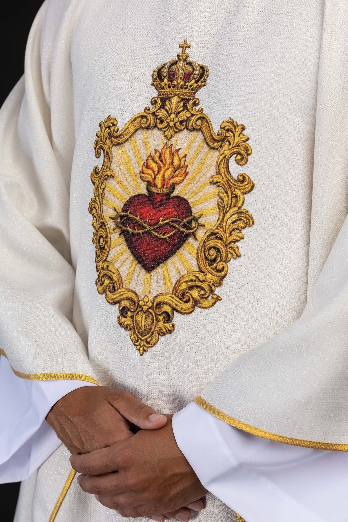 Ecru Liturgical Chasuble with Printed Sacred Heart of Jesus Motif