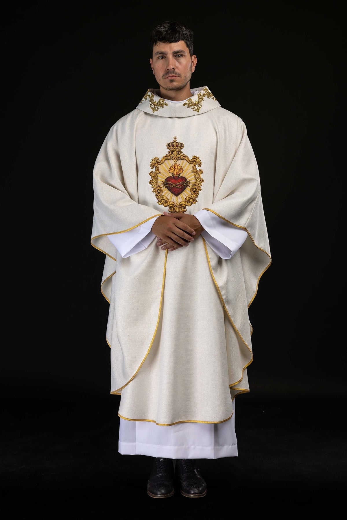Ecru Liturgical Chasuble with Printed Sacred Heart of Jesus Motif