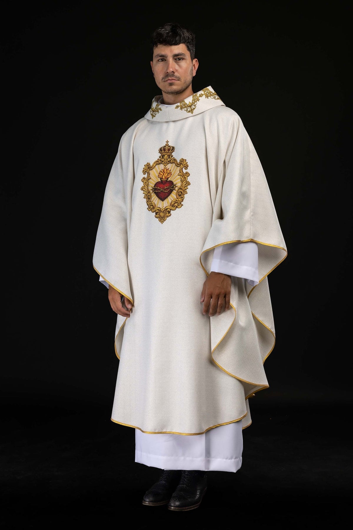 Ecru Liturgical Chasuble with Printed Sacred Heart of Jesus Motif