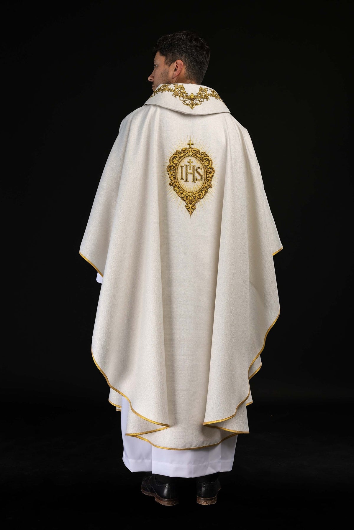 Ecru Liturgical Chasuble with Printed Sacred Heart of Jesus Motif