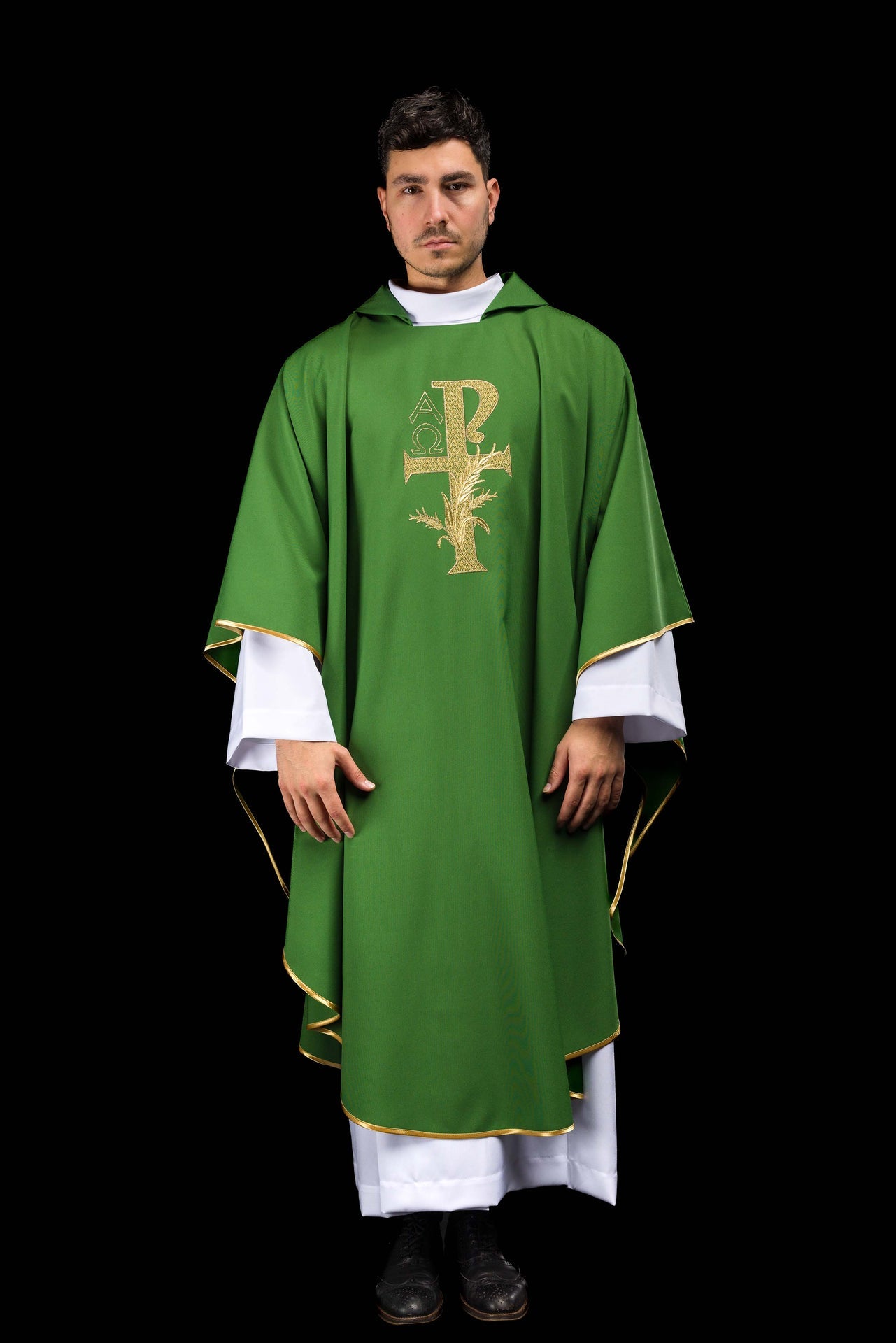 Green embroidered chasuble with Alpha and Omega symbol and wide collar