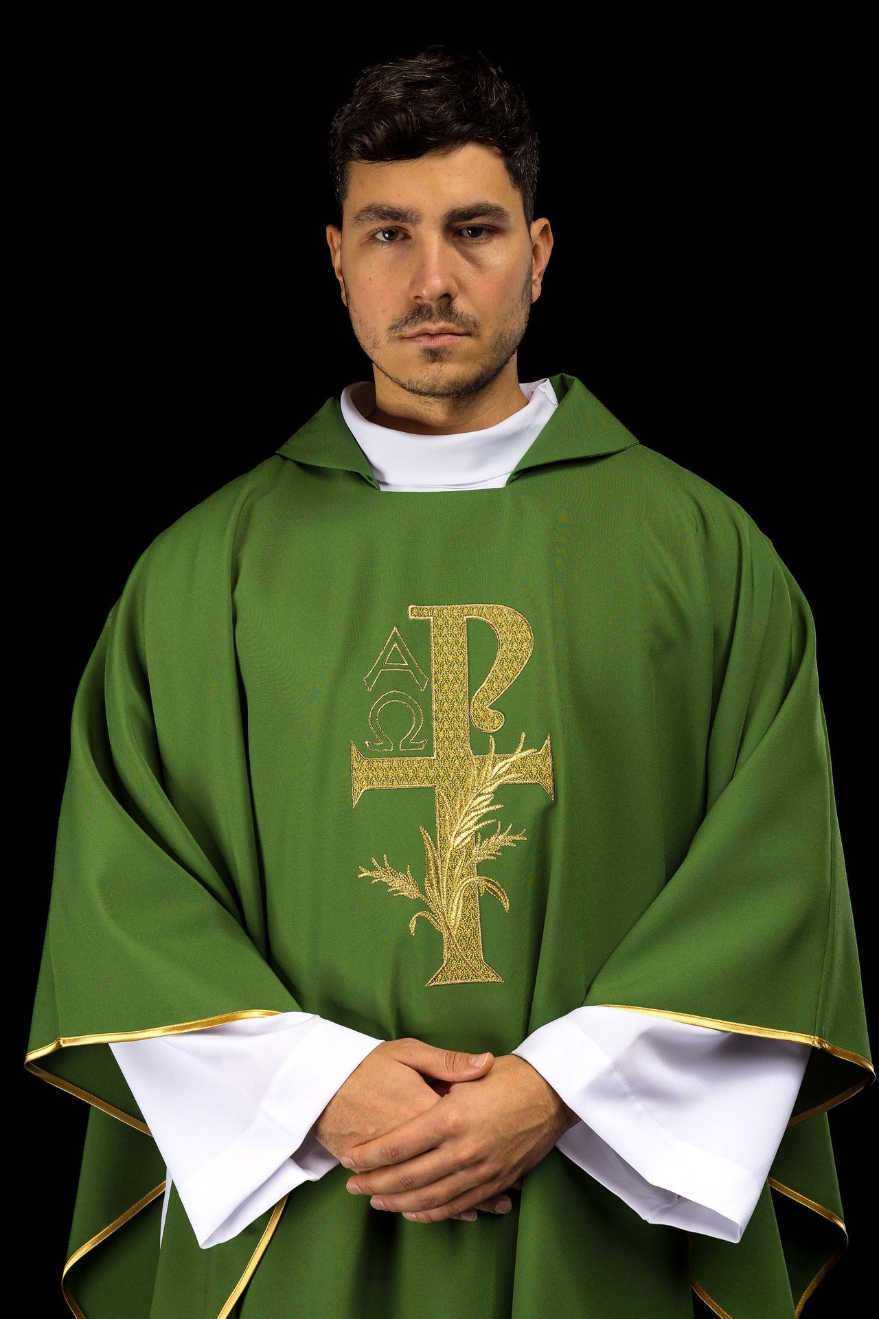 Green embroidered chasuble with Alpha and Omega symbol and wide collar