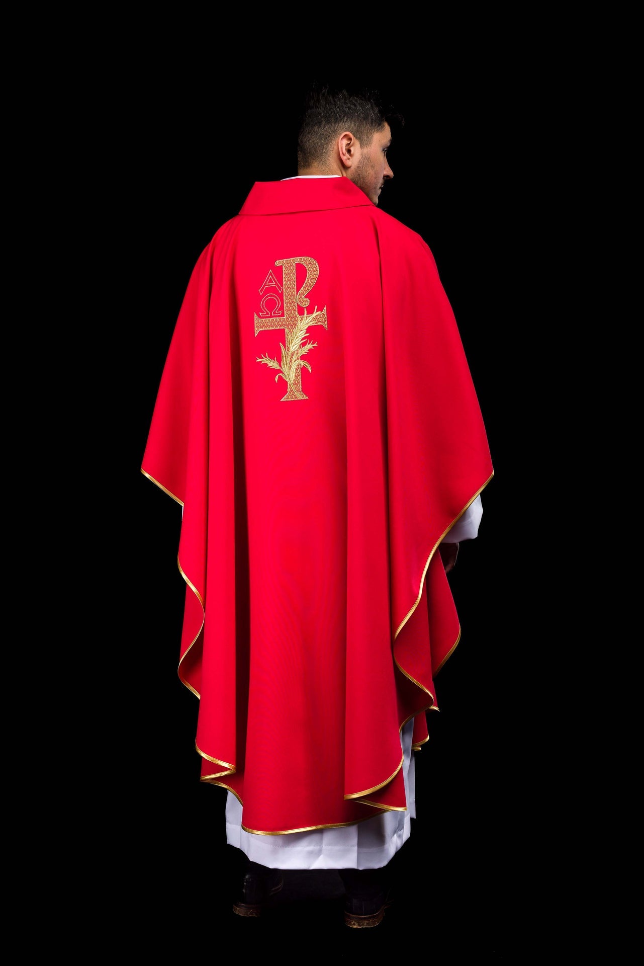 Red embroidered chasuble with Alpha and Omega symbol and wide collar