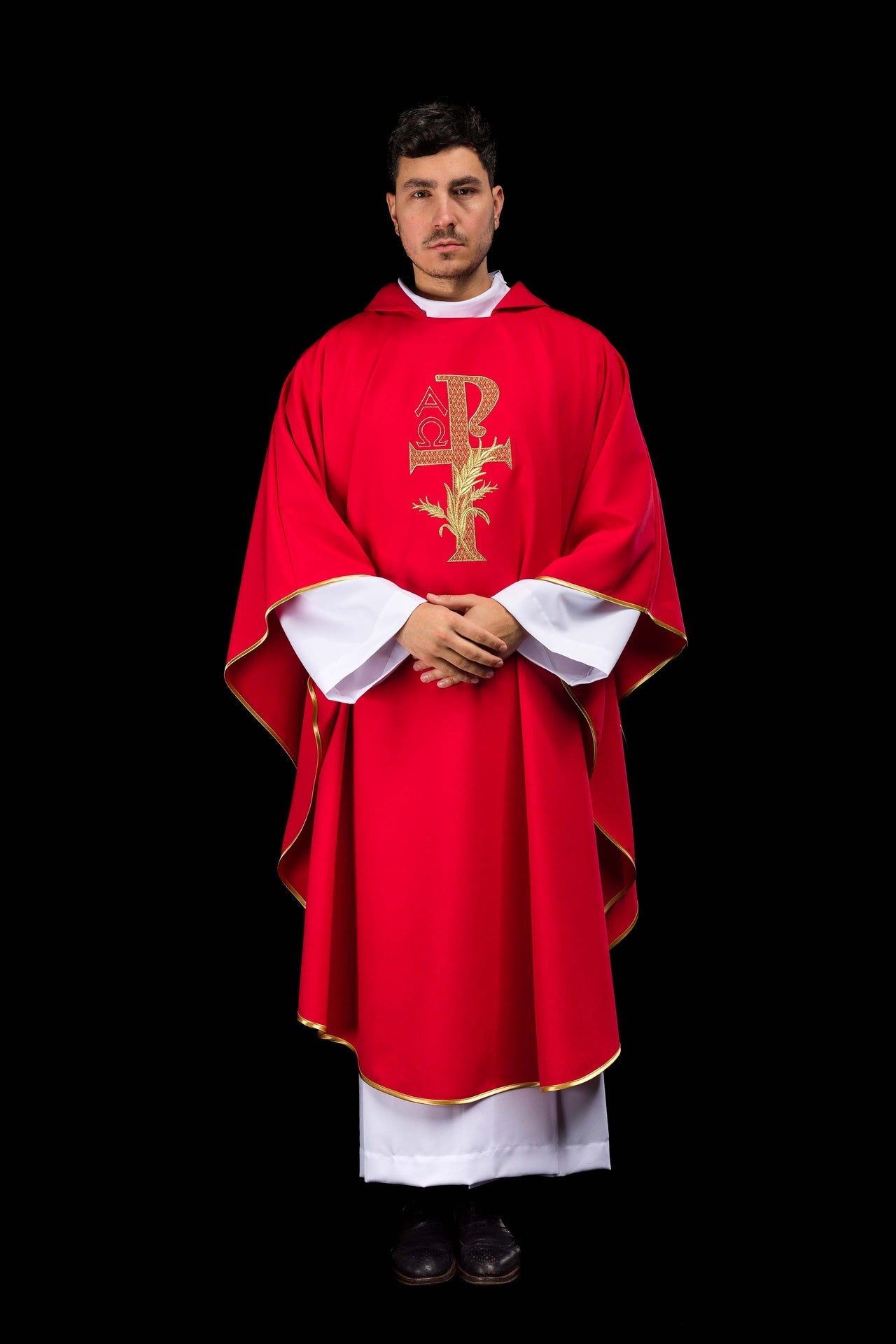 Red embroidered chasuble with Alpha and Omega symbol and wide collar