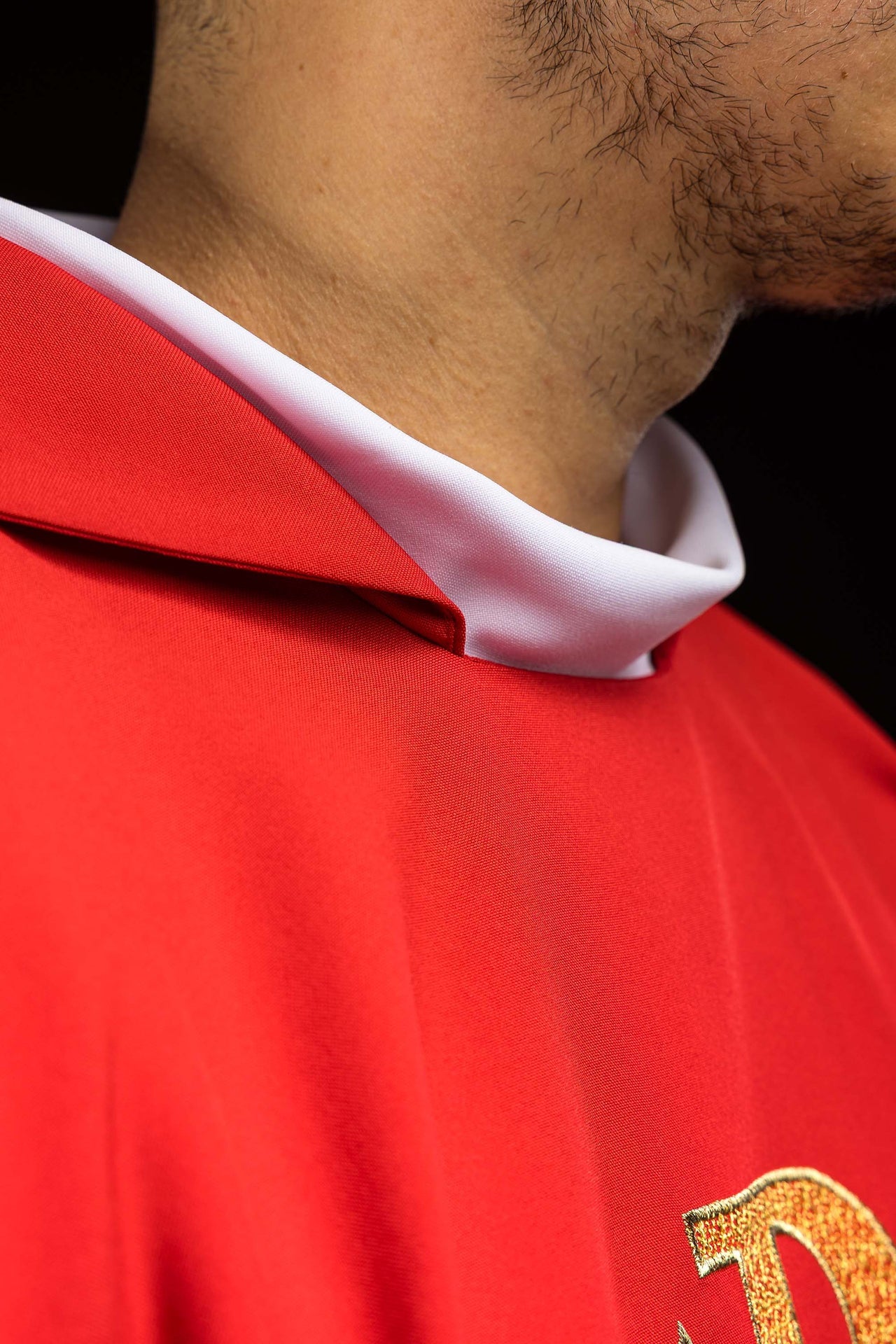 Red embroidered chasuble with Alpha and Omega symbol and wide collar