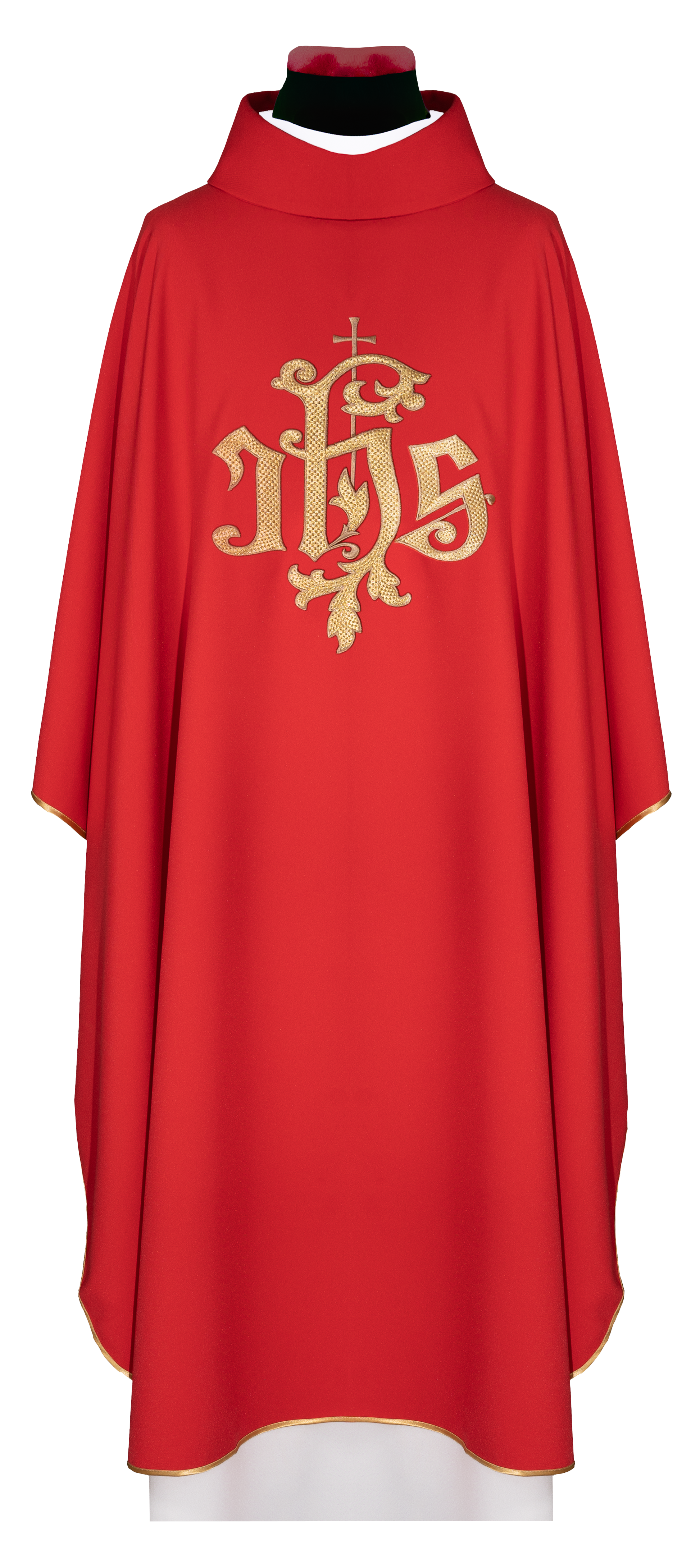Red chasuble with golden IHS embroidery - CHASUBLES.COM