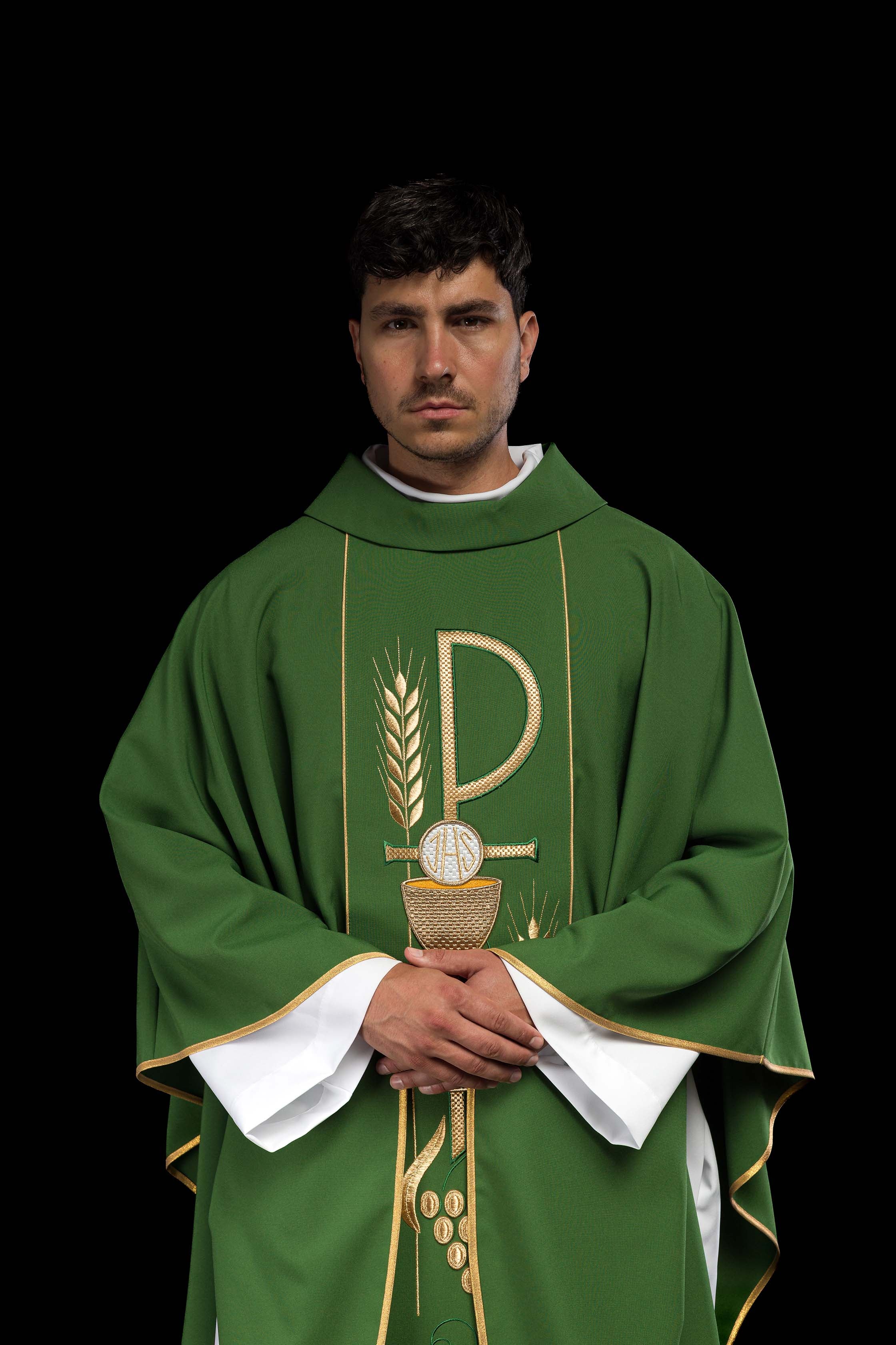 Green chasuble embroidered with IHS Chalice pattern - CHASUBLES.COM