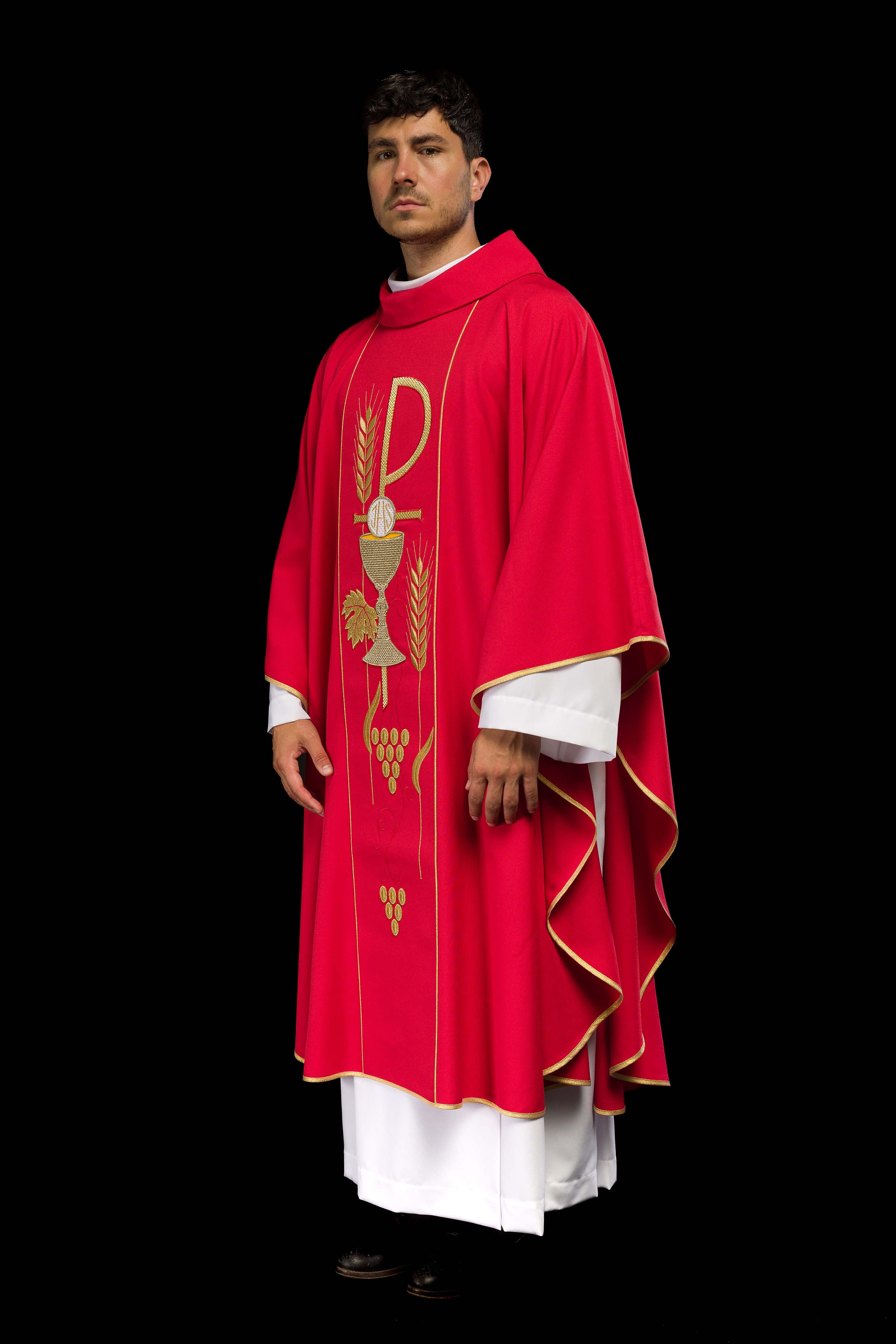 Red chasuble with embroidered PX and chalice symbol - CHASUBLES.COM