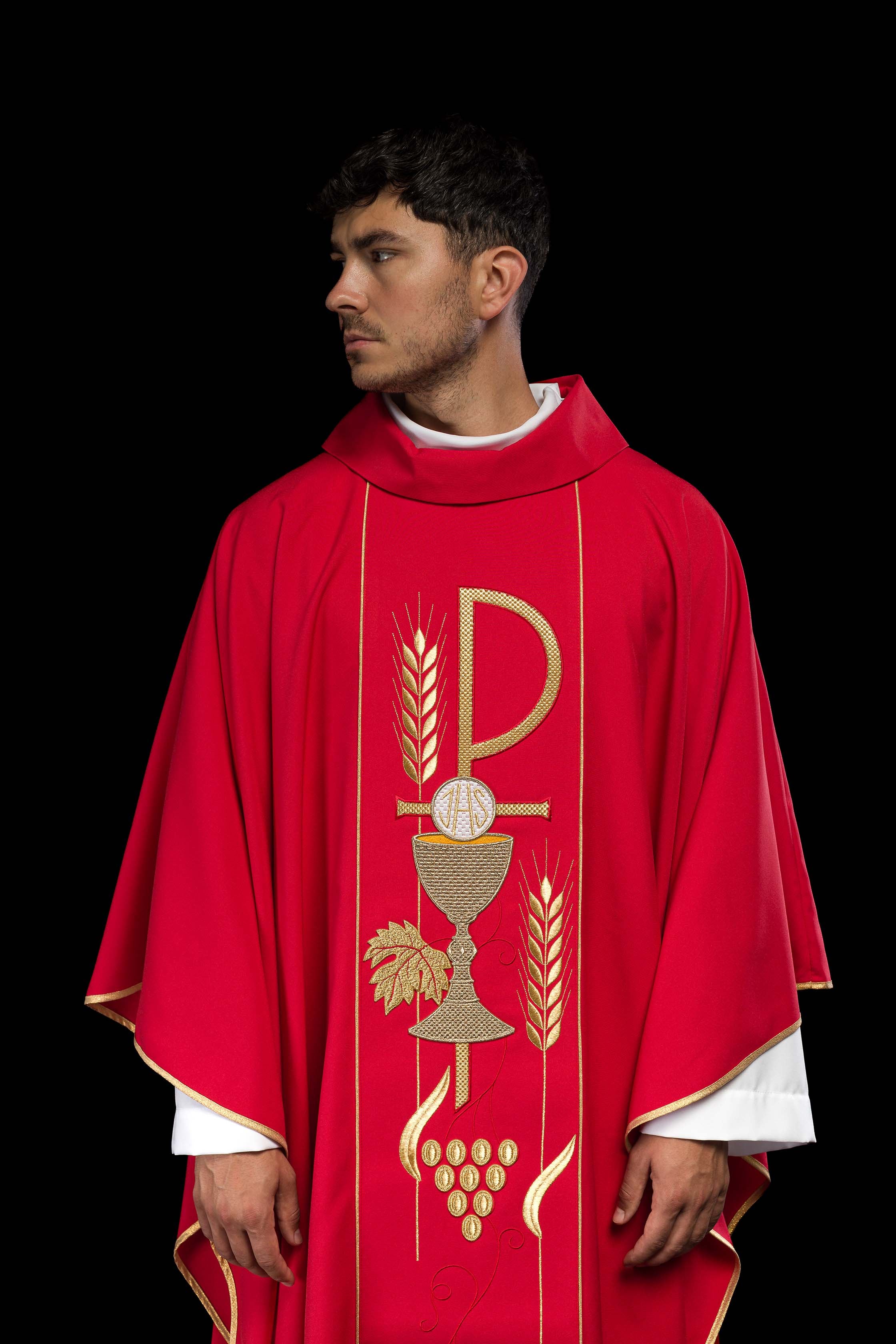 Red chasuble with embroidered PX and chalice symbol - CHASUBLES.COM
