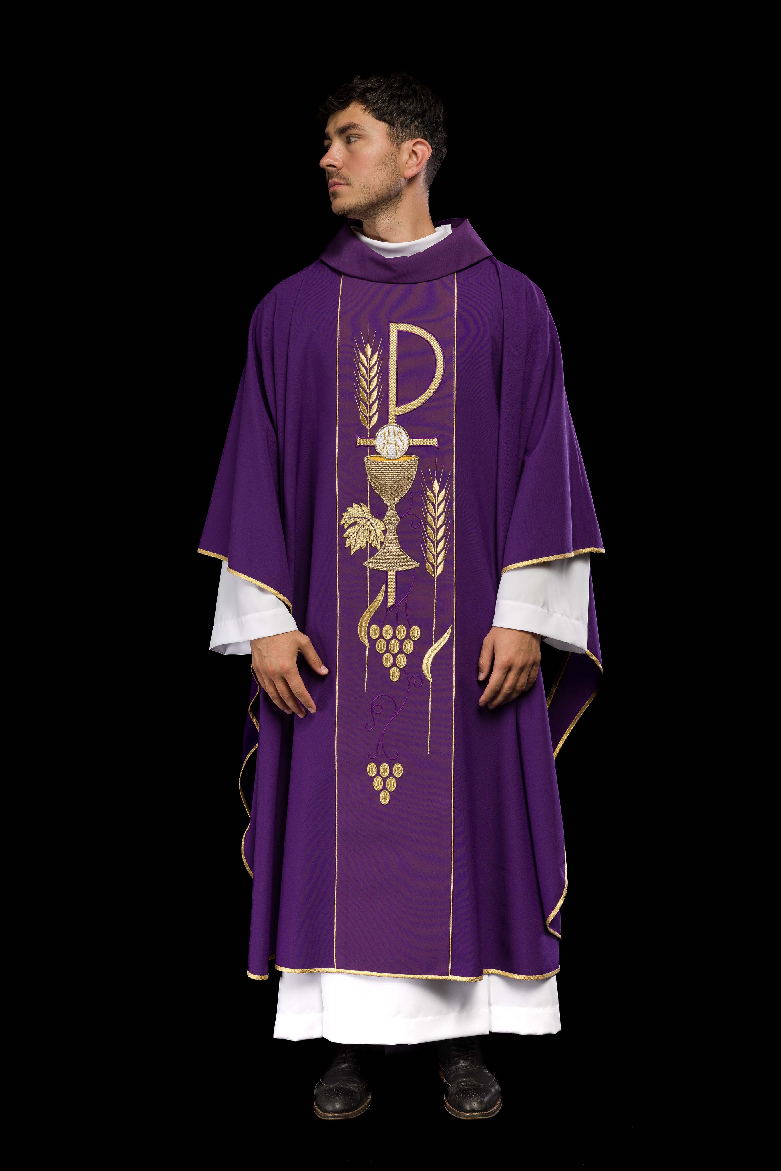 Purple chasuble embroidered with IHS Chalice pattern - CHASUBLES.COM