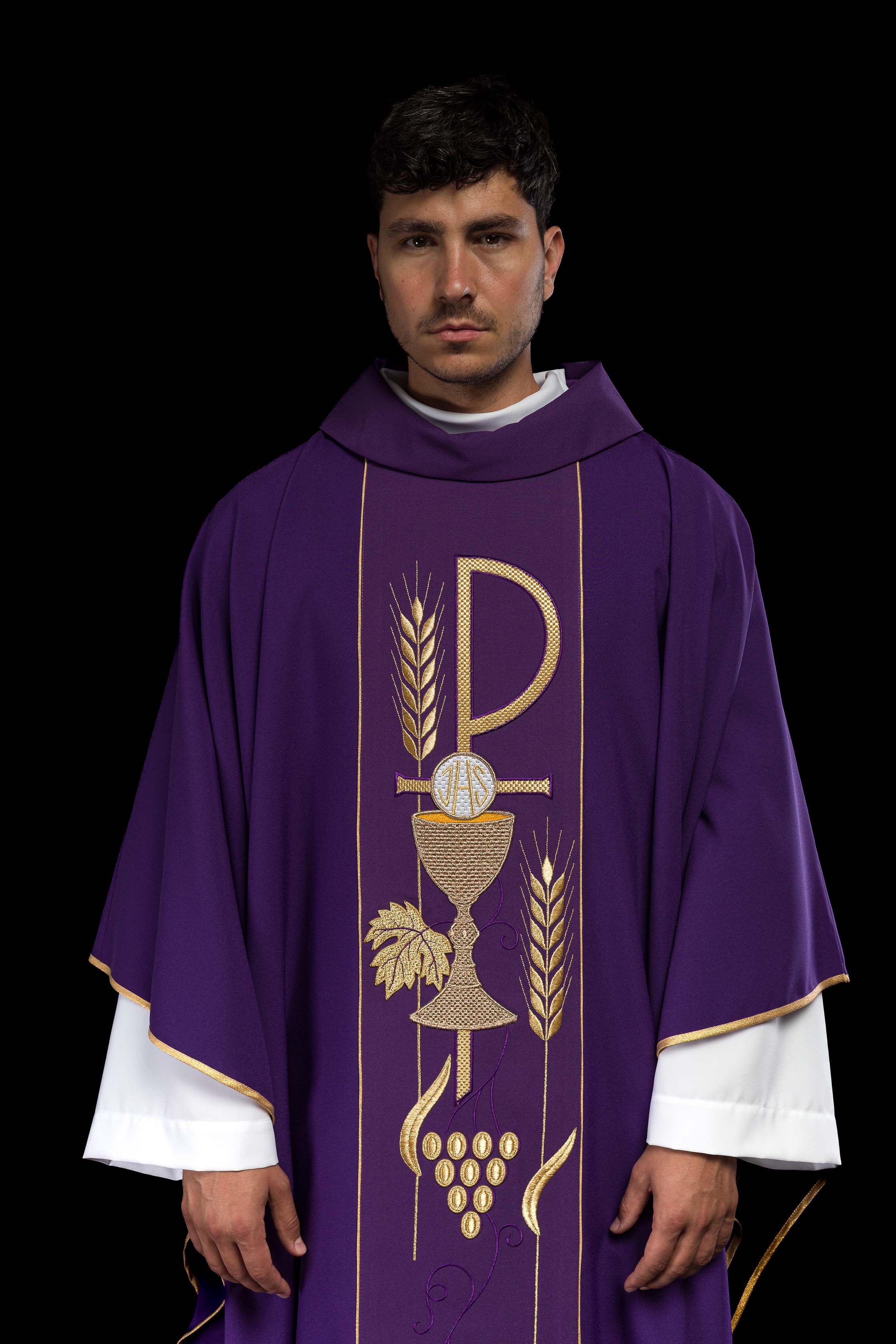 Purple chasuble embroidered with IHS Chalice pattern - CHASUBLES.COM