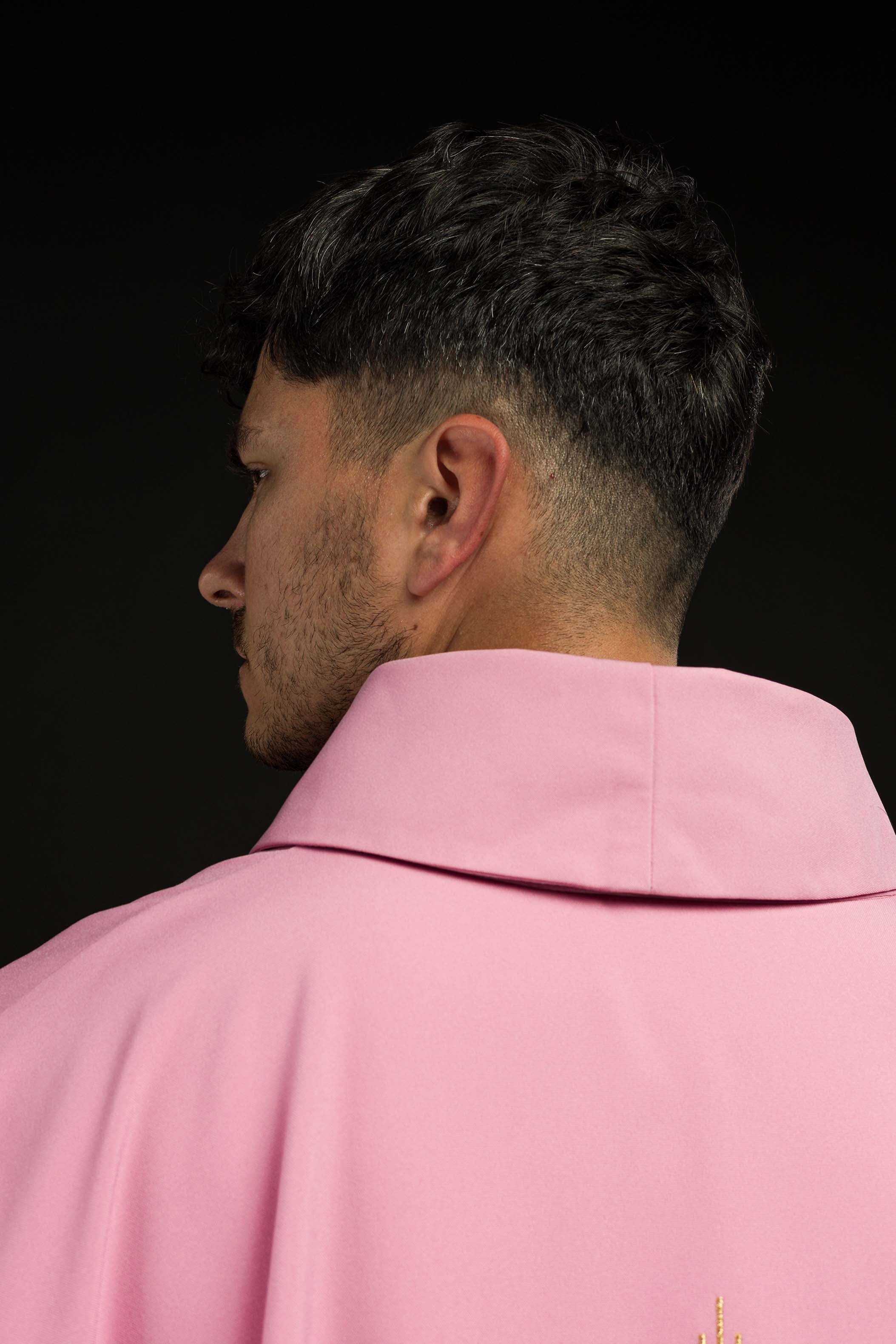 Chasuble embroidered with IHS pattern in pink