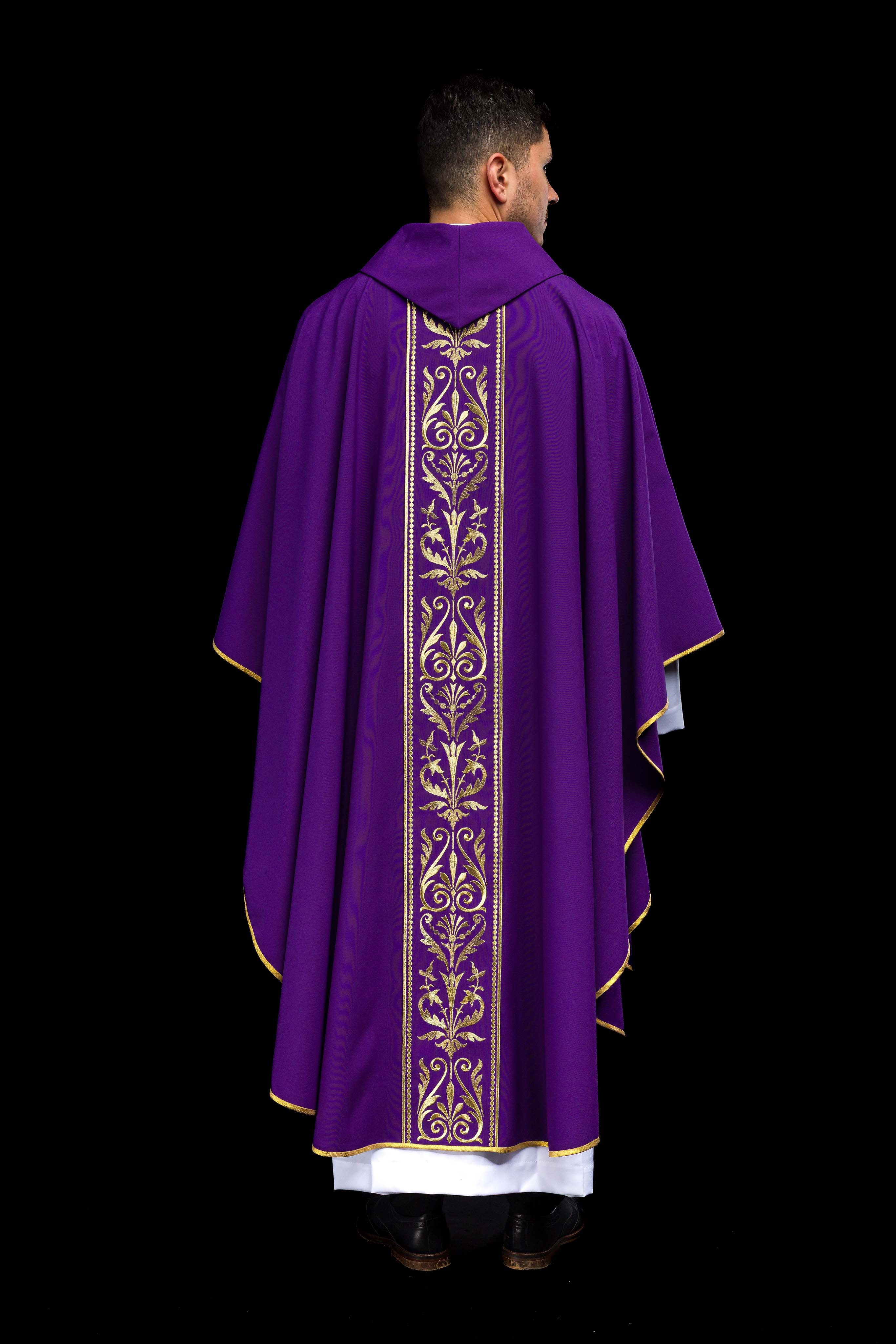 Purple liturgical chasuble decorated with a gold embroidered belt
