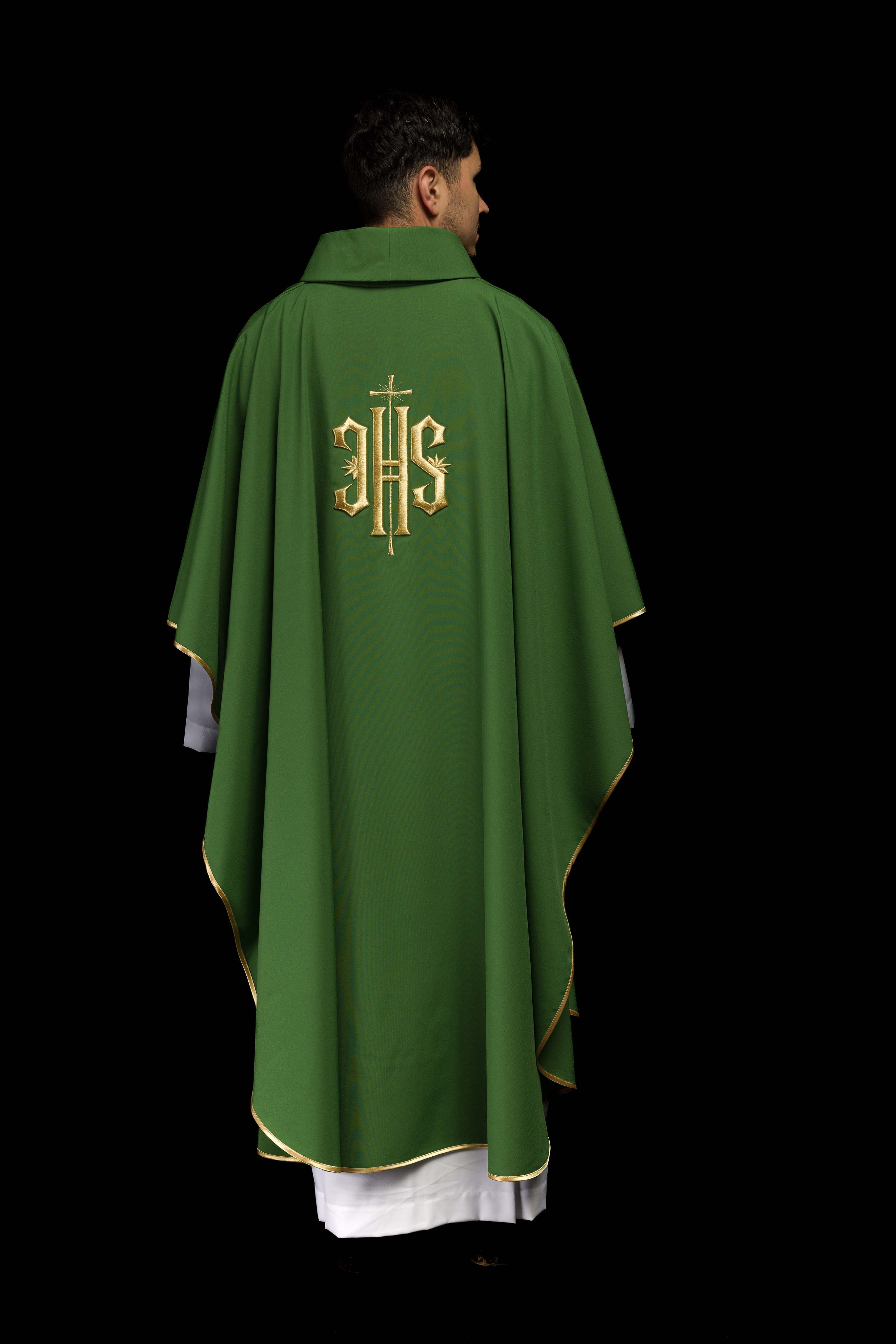 Green chasuble embroidered with IHS motif - CHASUBLES.COM