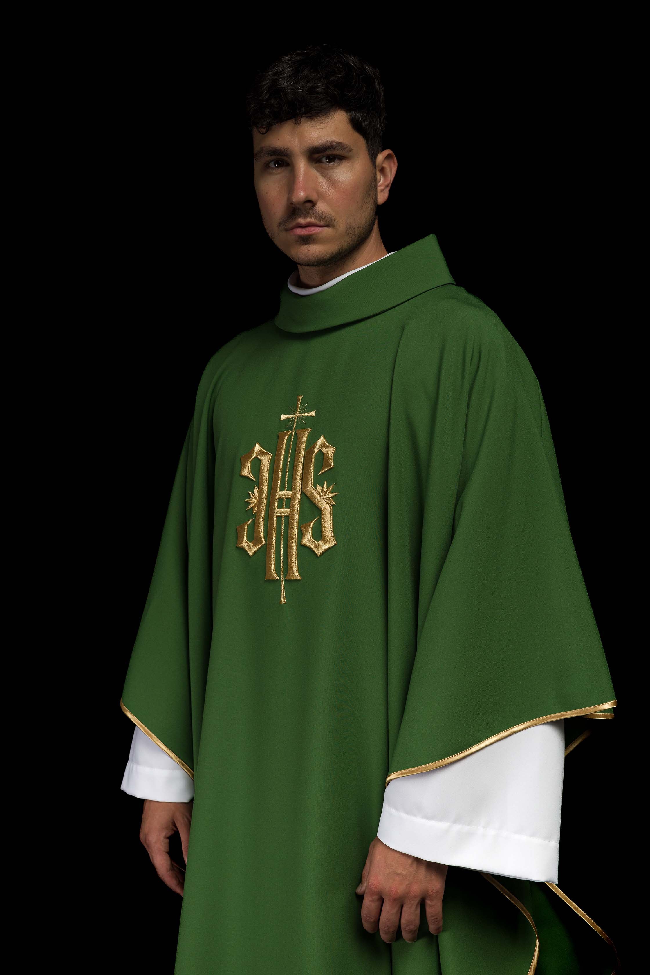 Green chasuble embroidered with IHS motif - CHASUBLES.COM