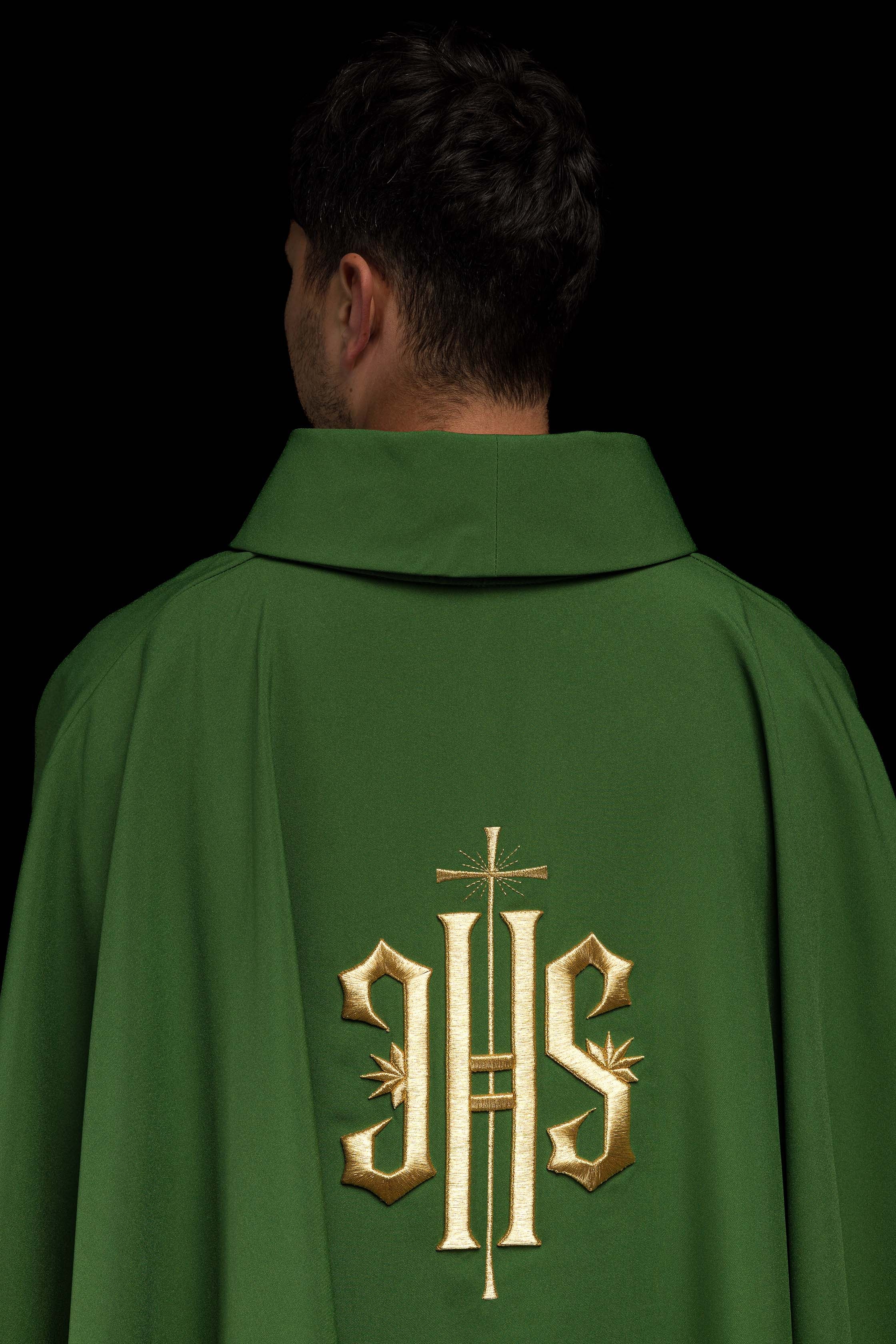 Green chasuble embroidered with IHS motif - CHASUBLES.COM