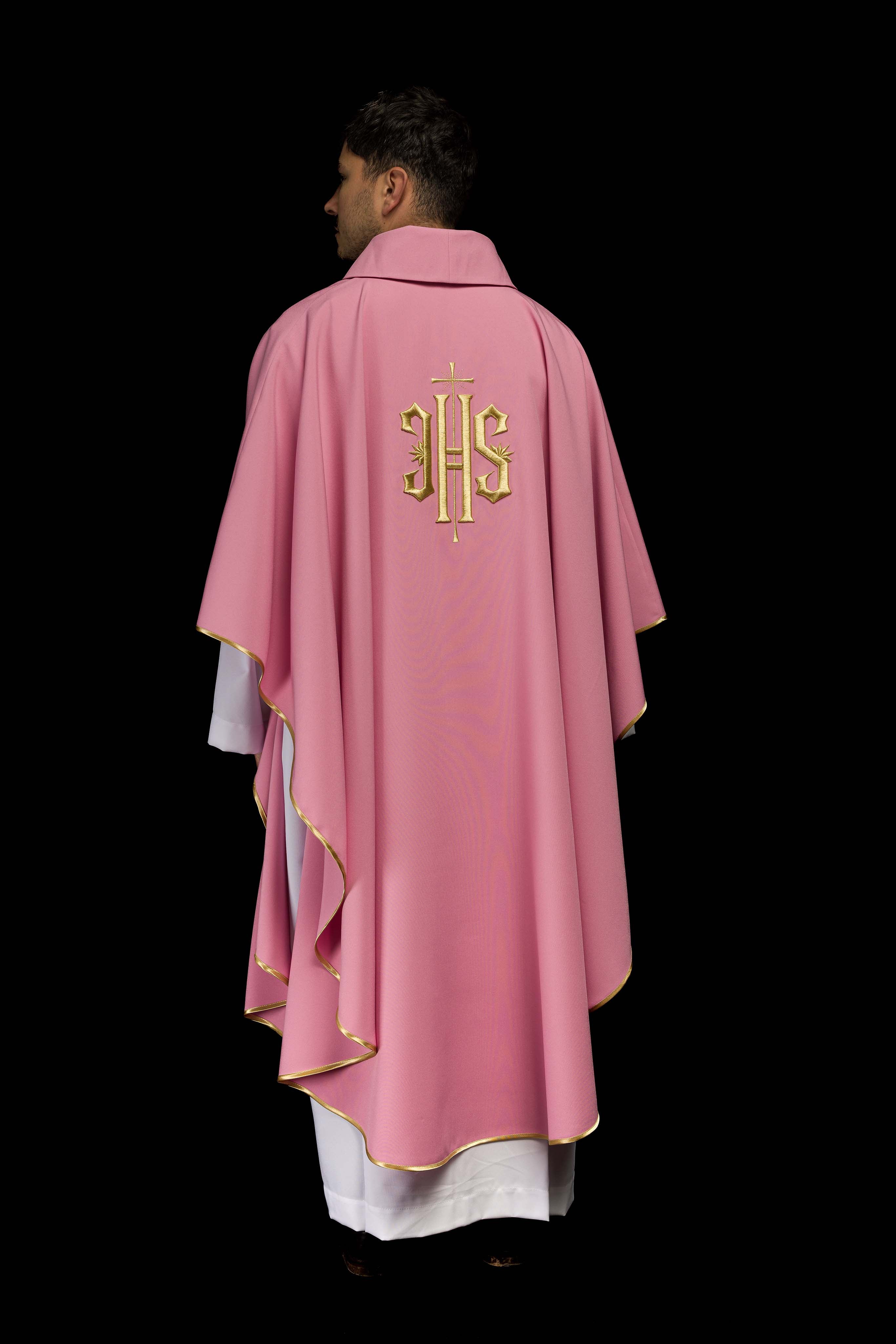 Classic pink chasuble with 3D IHS motif