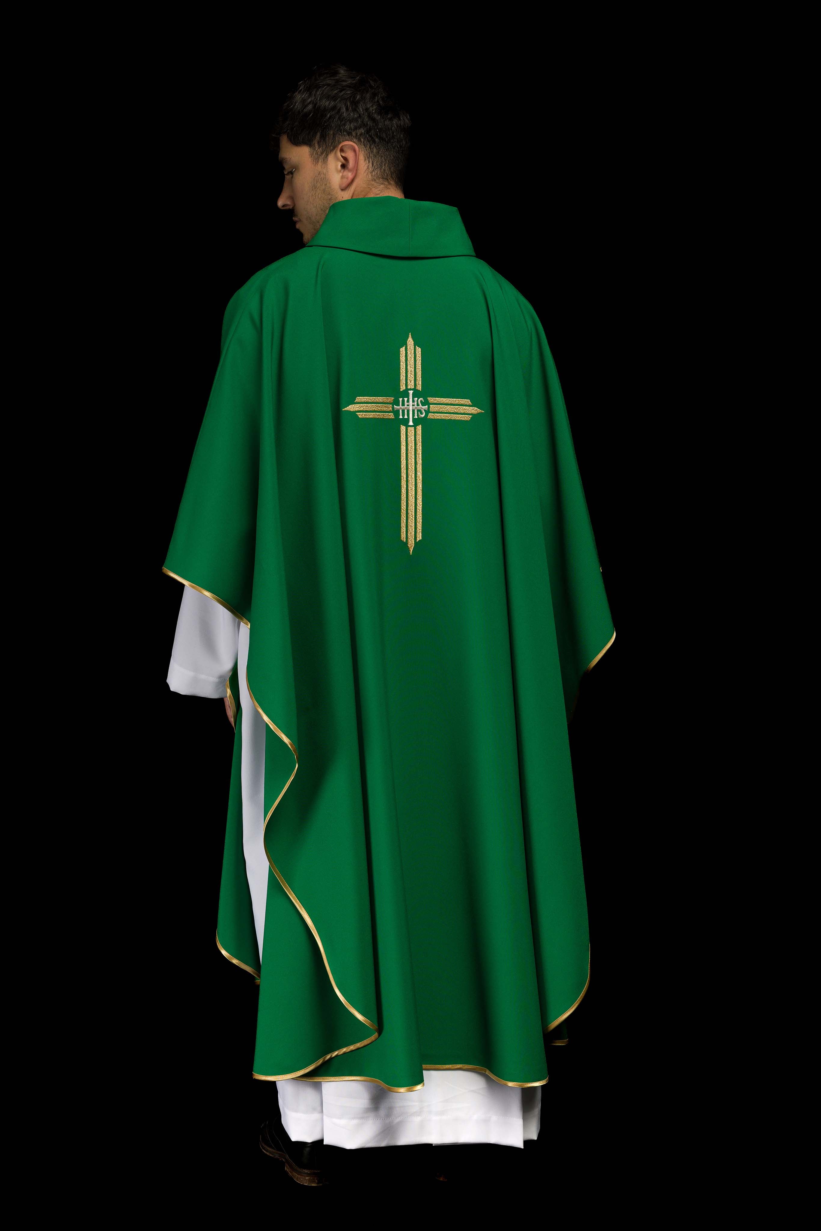 Green chasuble embroidered with the symbol of Cross IHS - CHASUBLES.COM