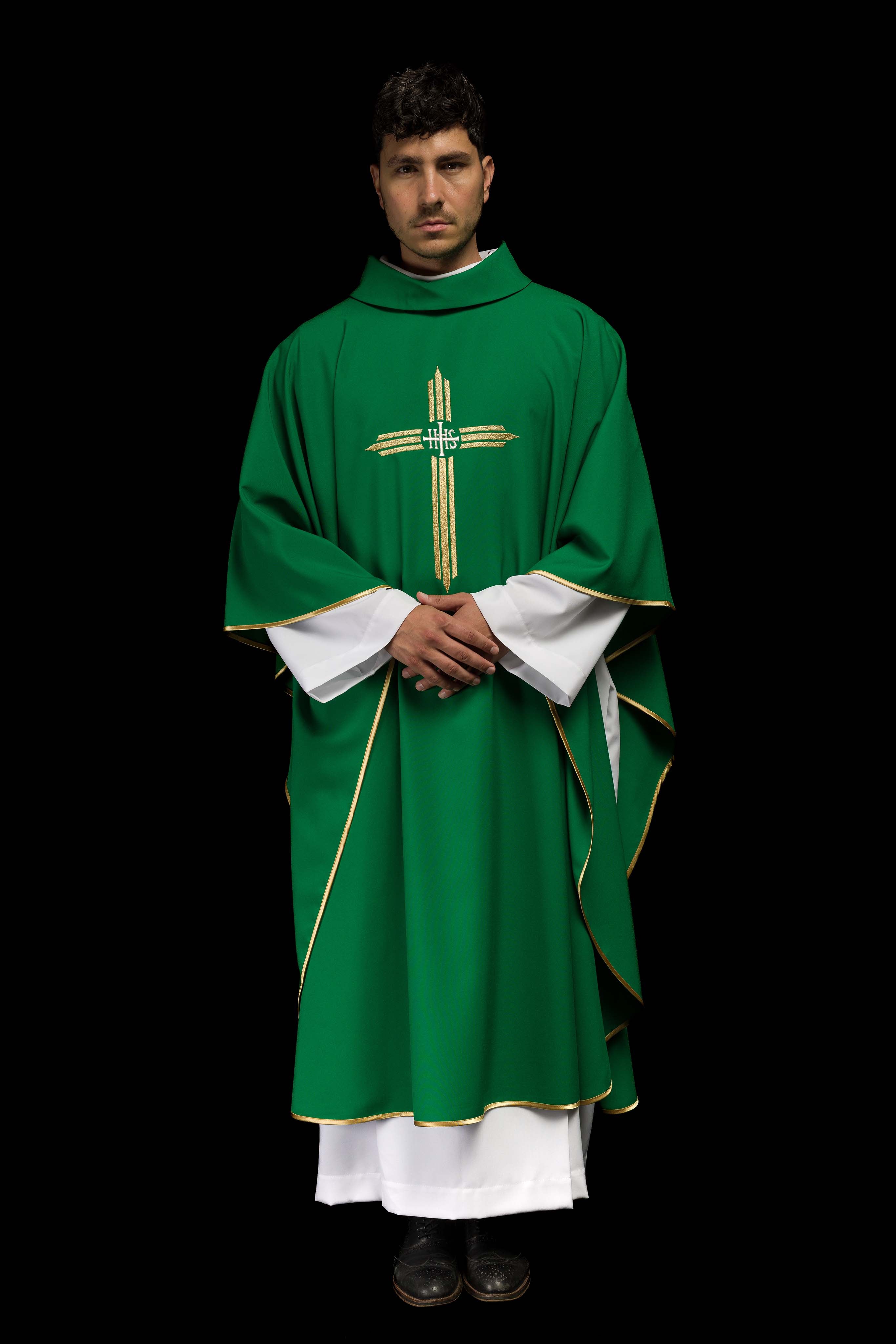Green chasuble embroidered with the symbol of Cross IHS - CHASUBLES.COM