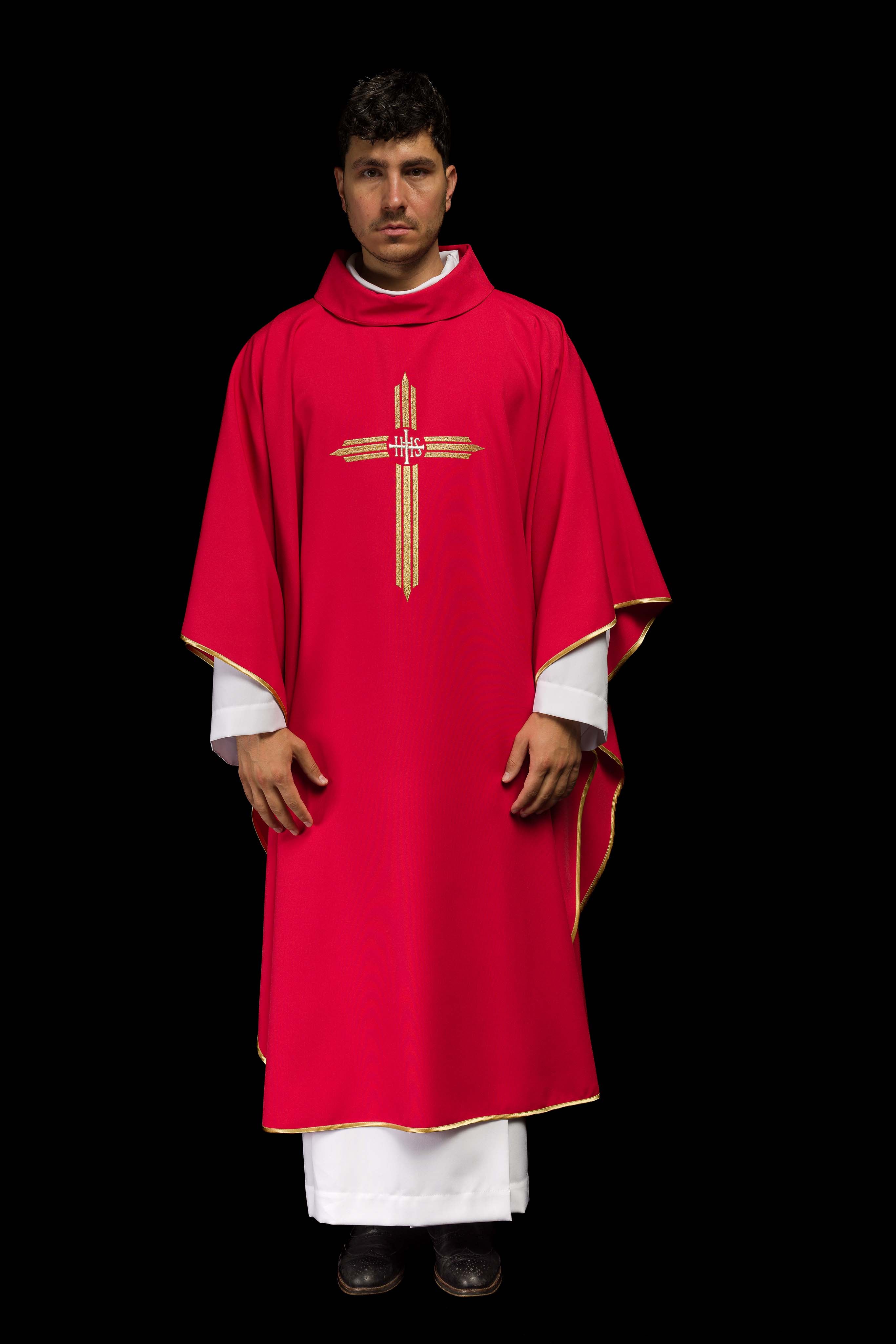 Red chasuble embroidered with the symbol of Cross IHS - CHASUBLES.COM