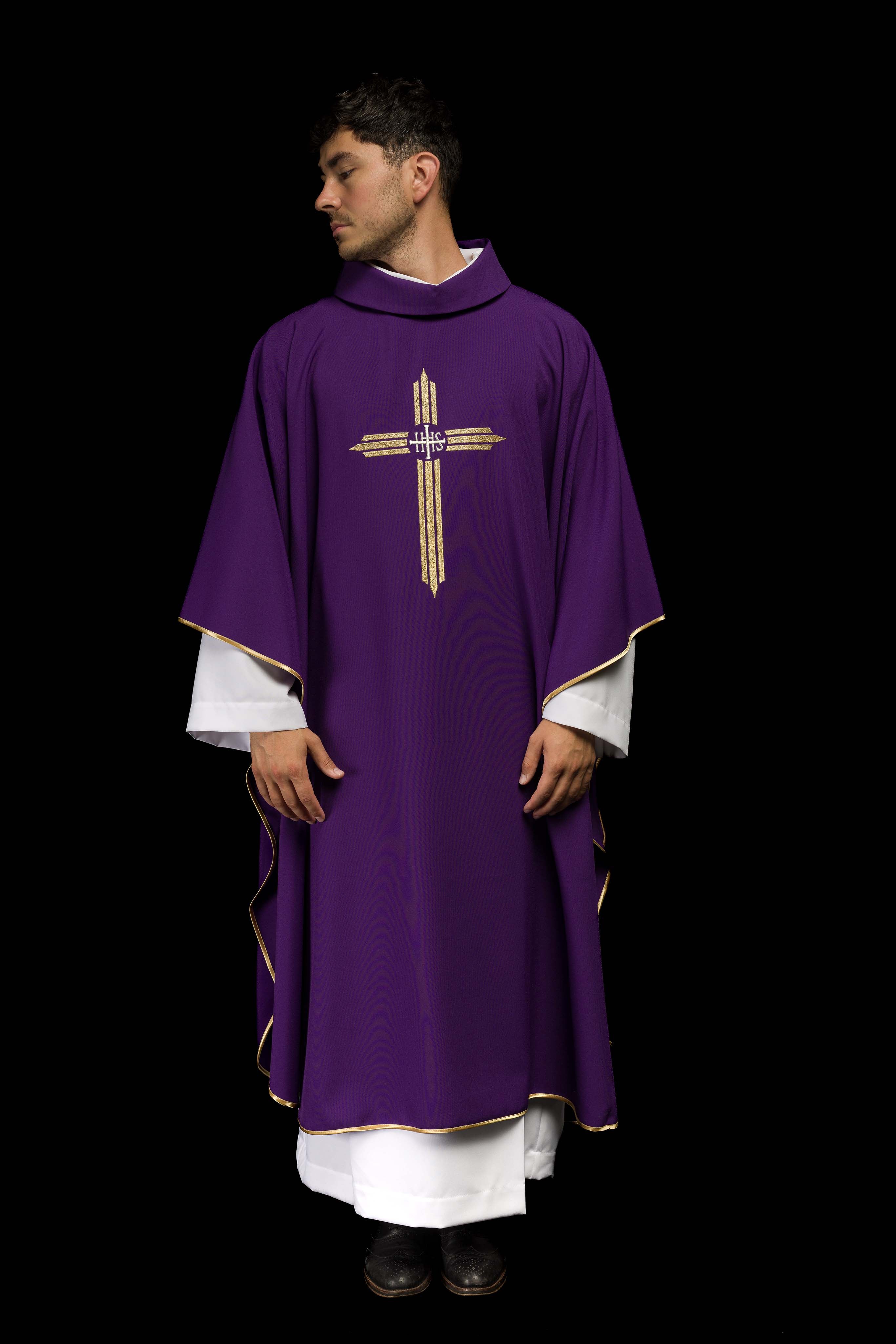 Purple chasuble embroidered with the symbol of Cross IHS - CHASUBLES.COM