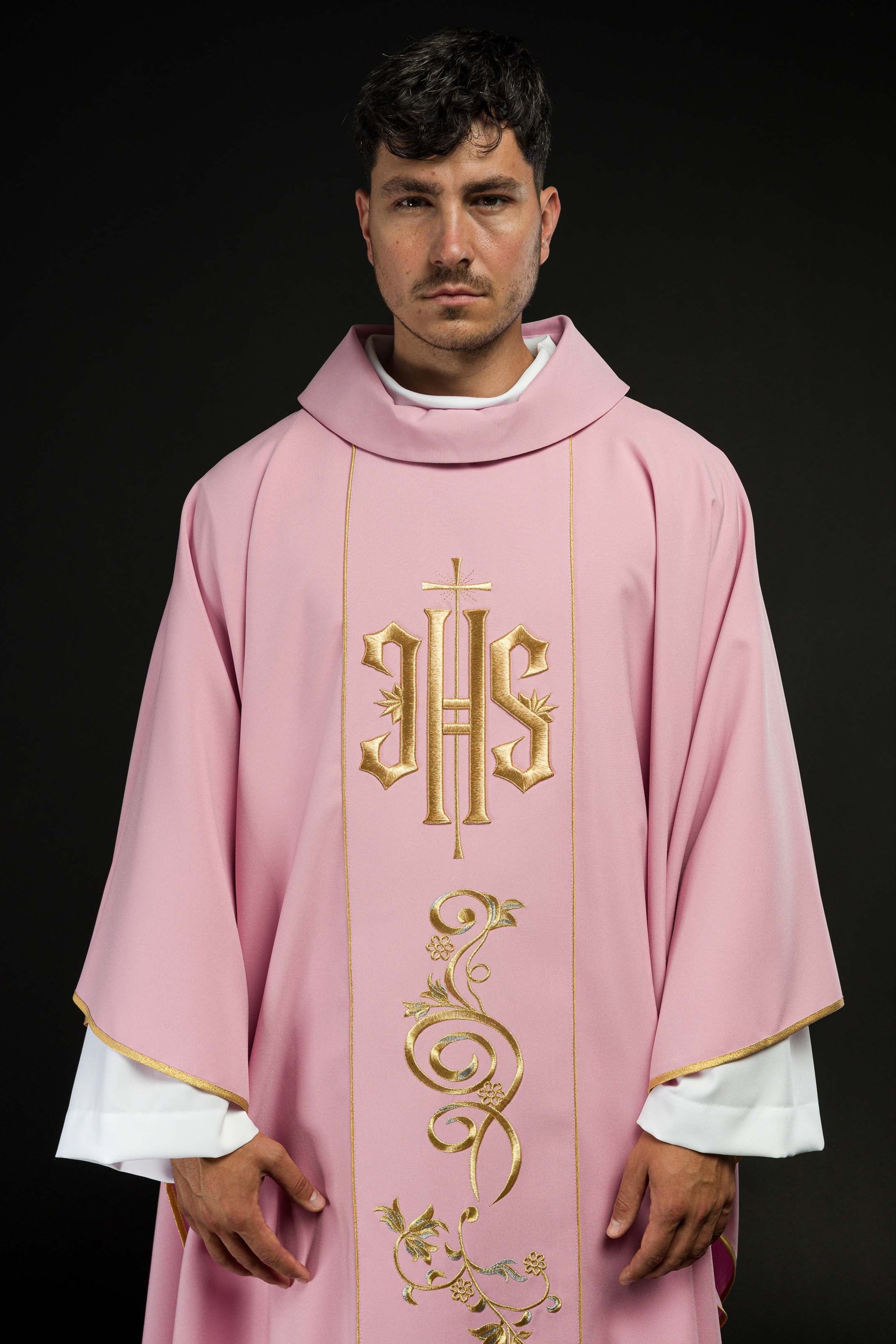 Pink chasuble with classic IHS embroidery