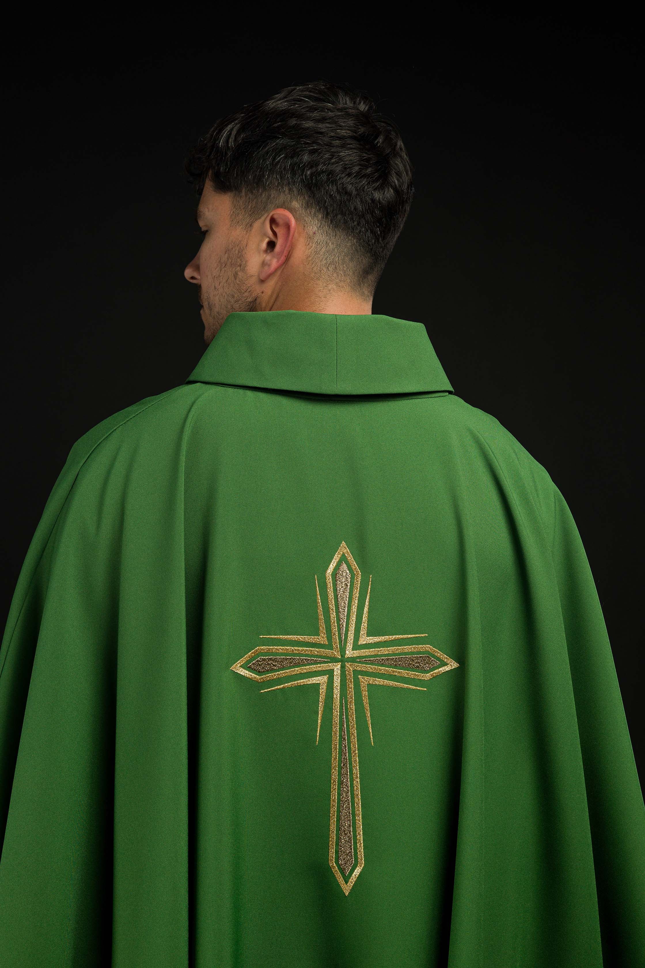 Green chasuble with cross embroidery