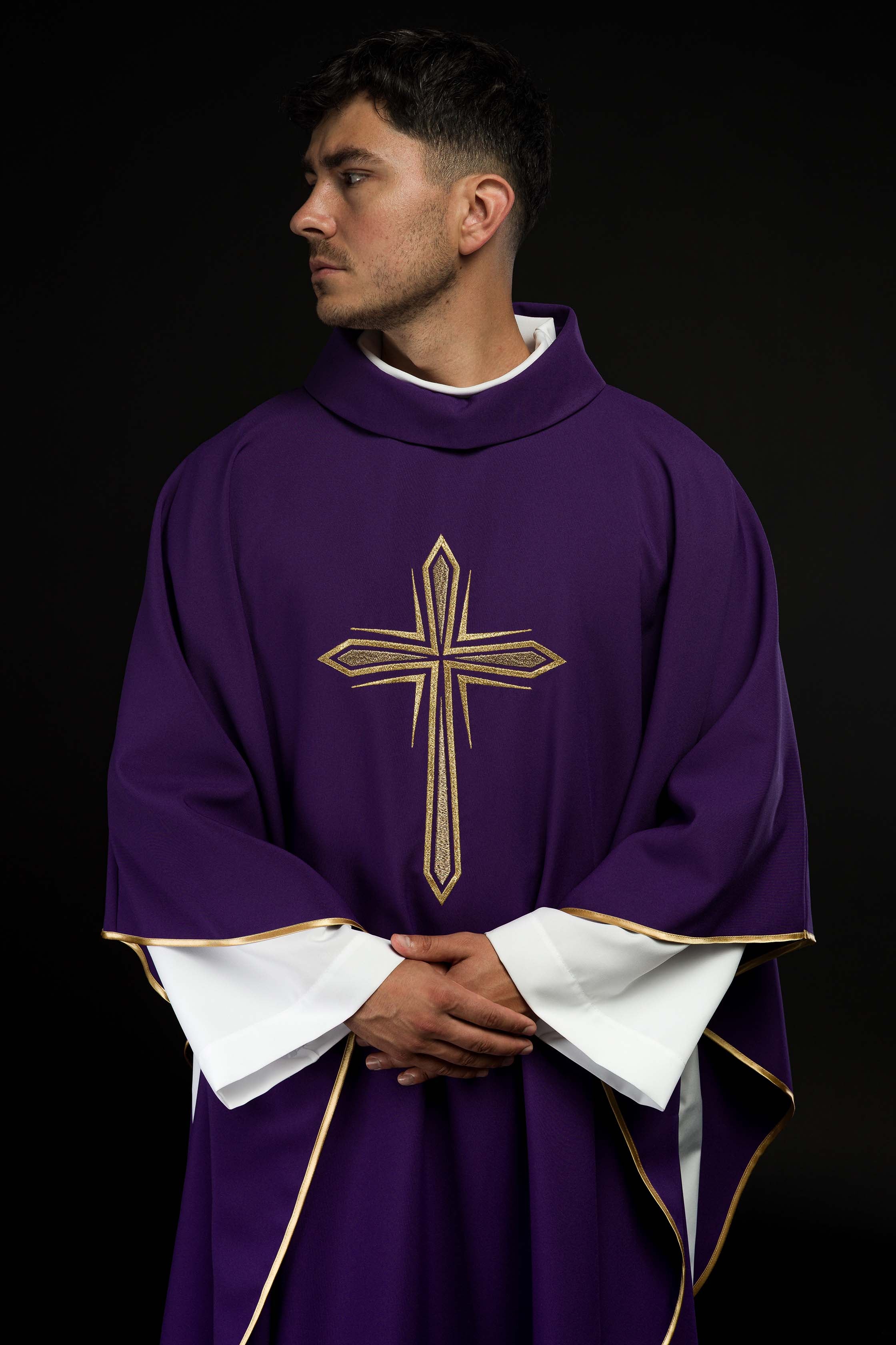 Purple chasuble with cross embroidery - CHASUBLES.COM