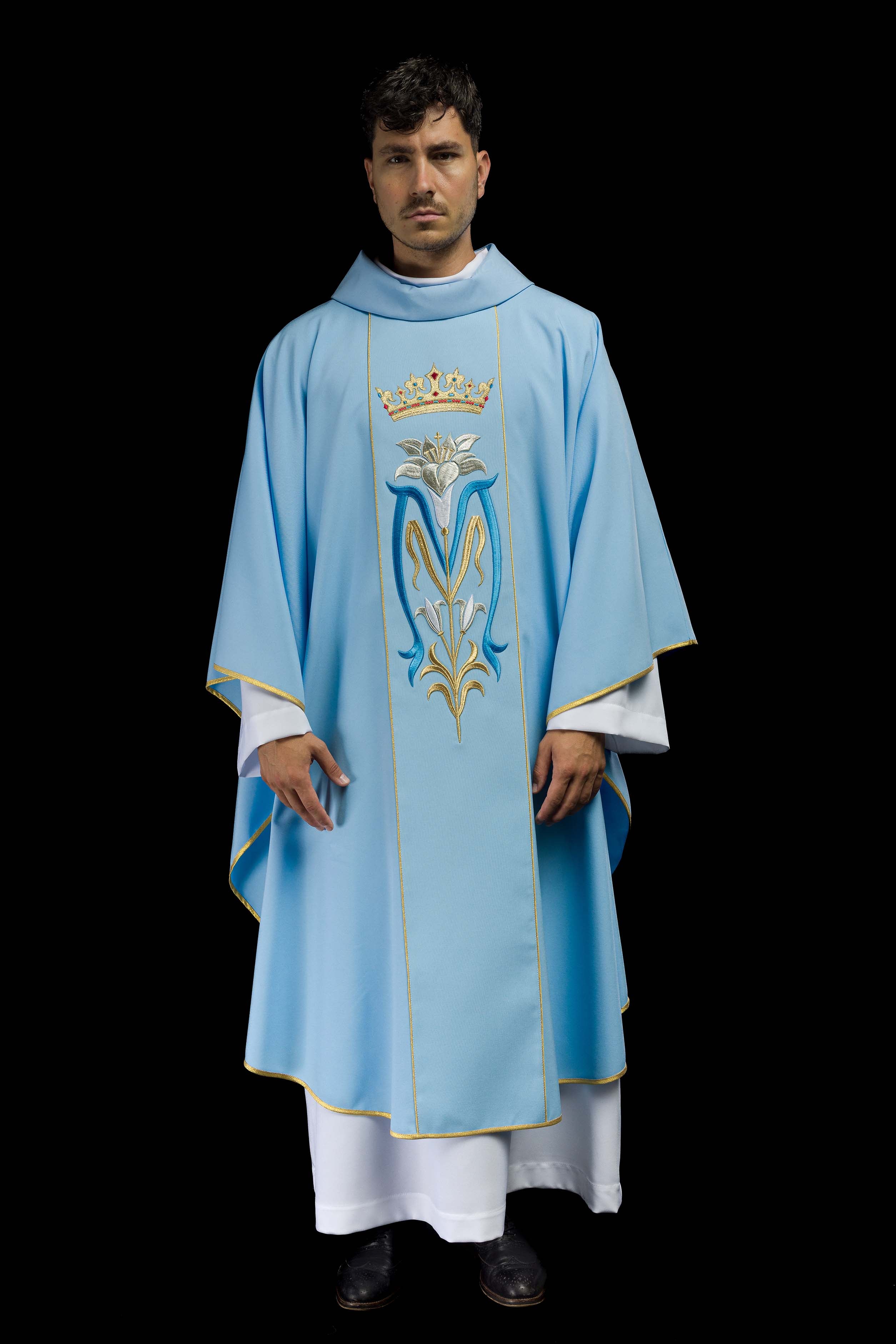 Blue liturgical Marian chasuble embroidered with a crown - CHASUBLES.COM