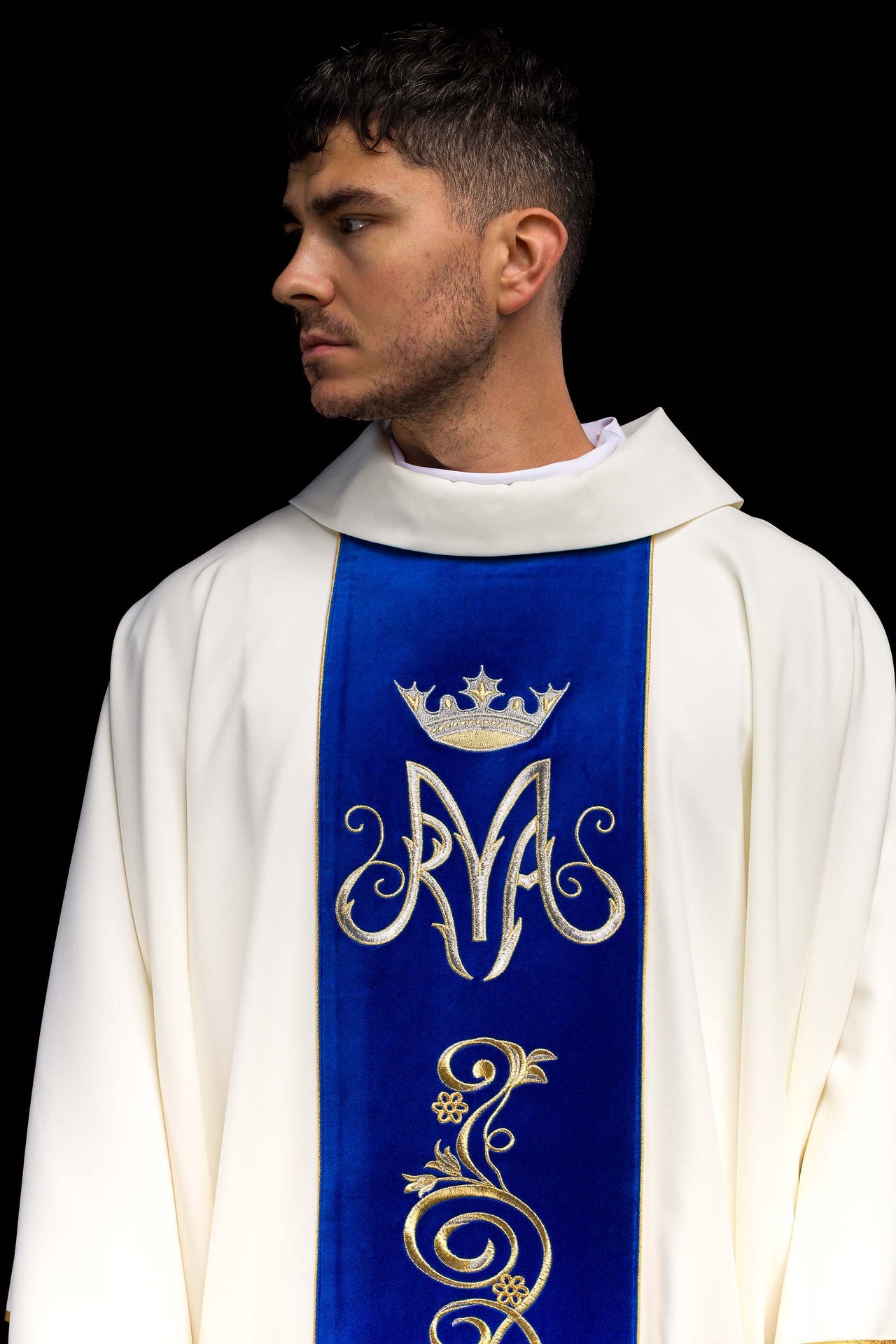 Marian Liturgical Chasuble with Blue Embroidered Band - CHASUBLES.COM