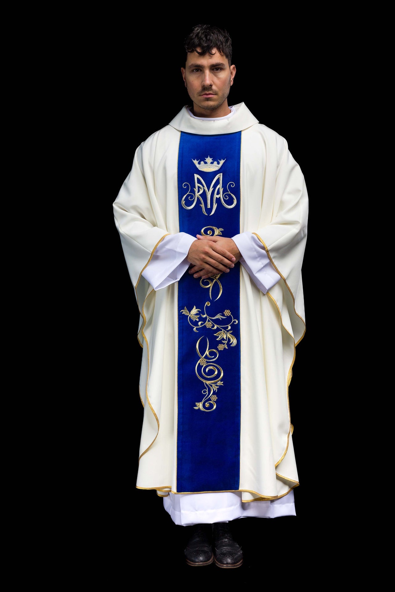 Marian Liturgical Chasuble with Blue Embroidered Band - CHASUBLES.COM