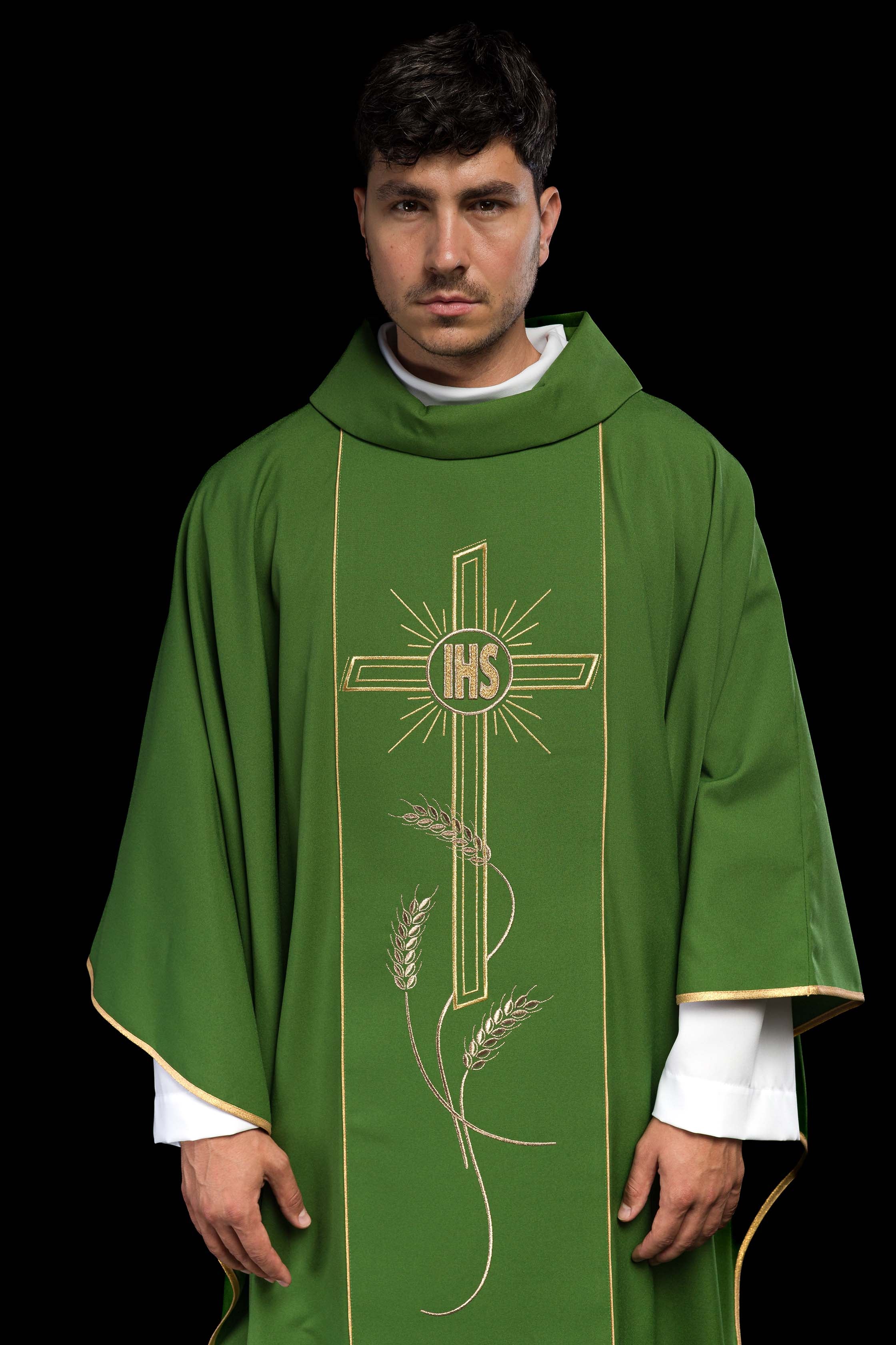 Green chasuble with embroidered Cross IHS symbol - CHASUBLES.COM