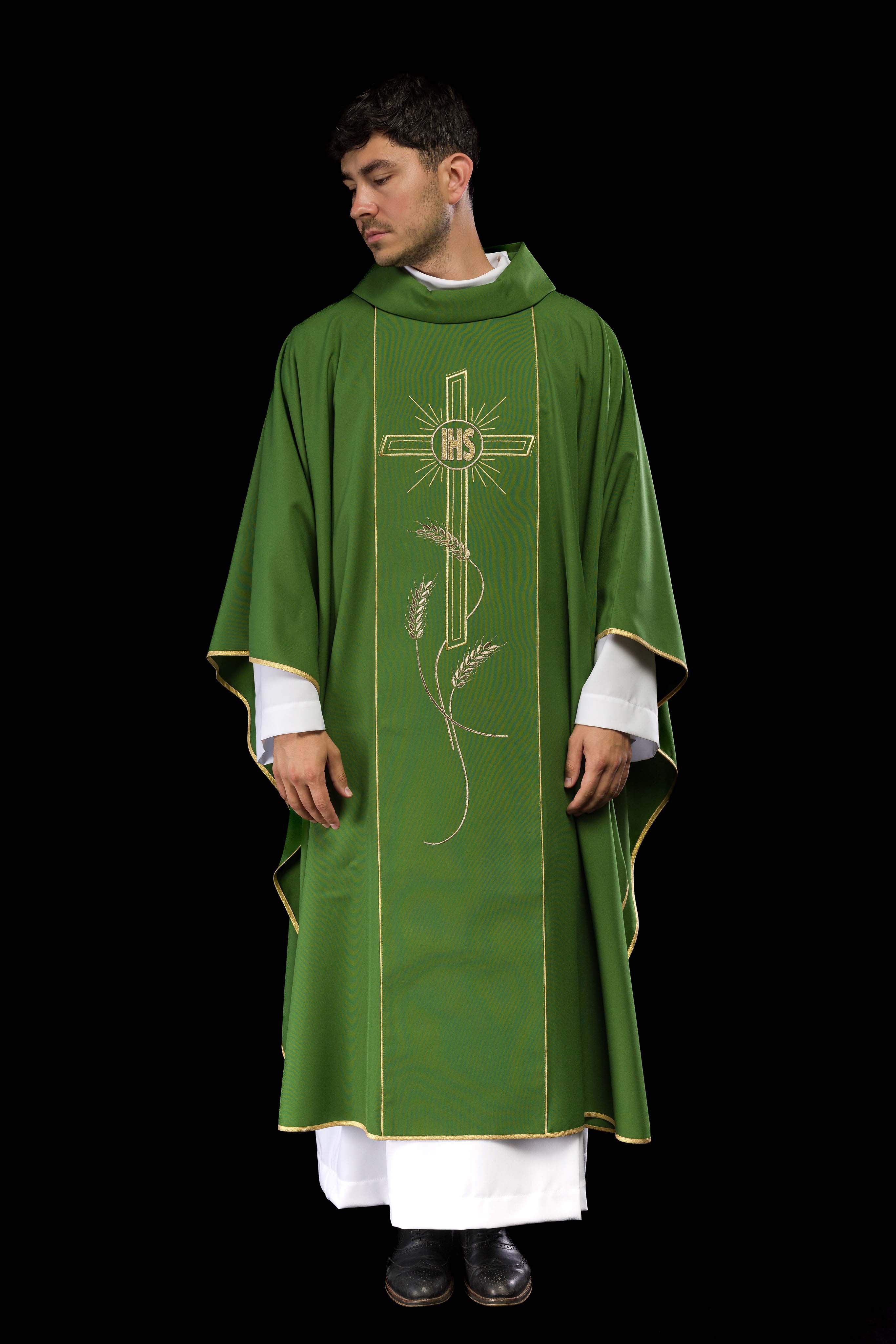 Green chasuble with embroidered Cross IHS symbol - CHASUBLES.COM