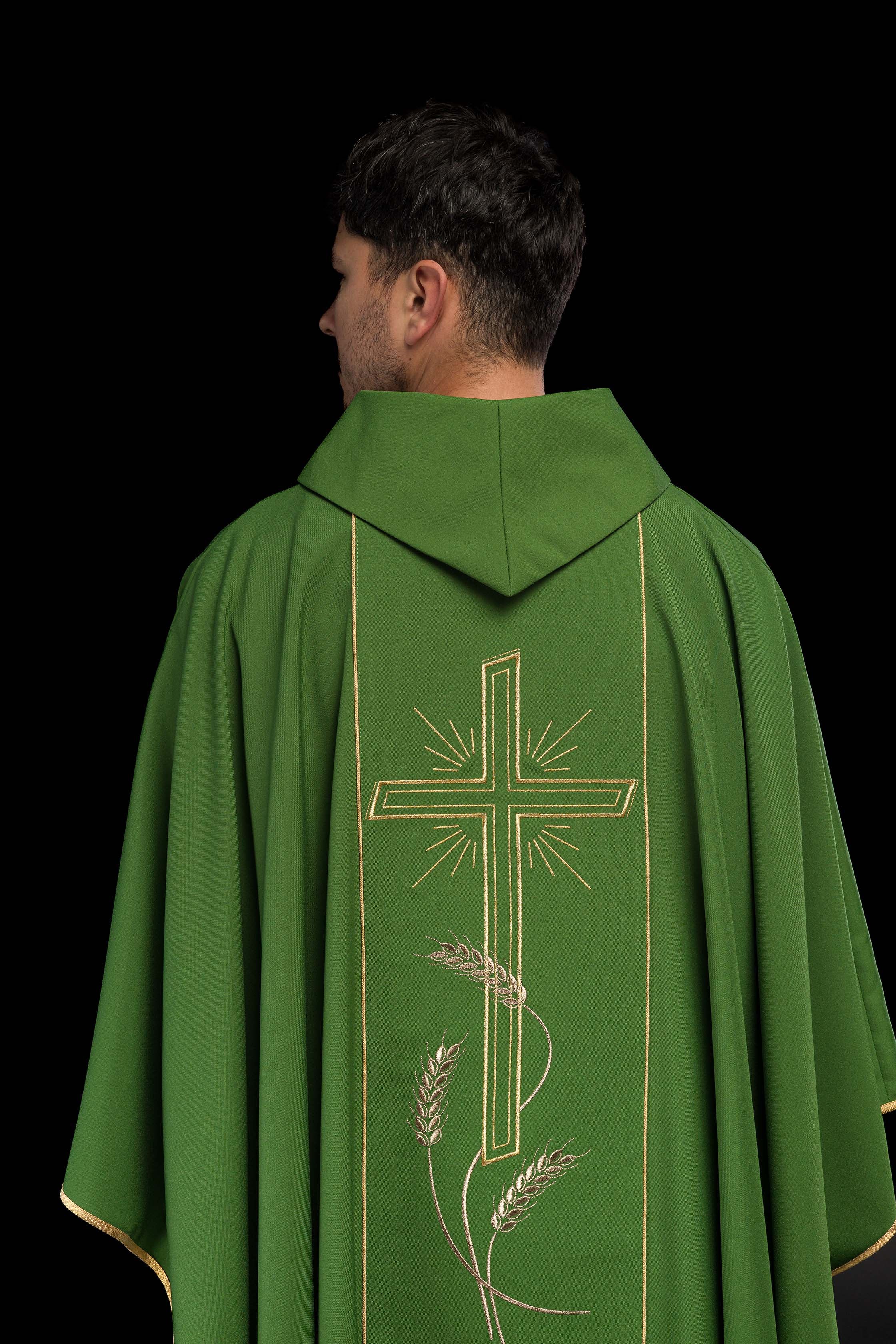 Green chasuble with embroidered Cross IHS symbol - CHASUBLES.COM