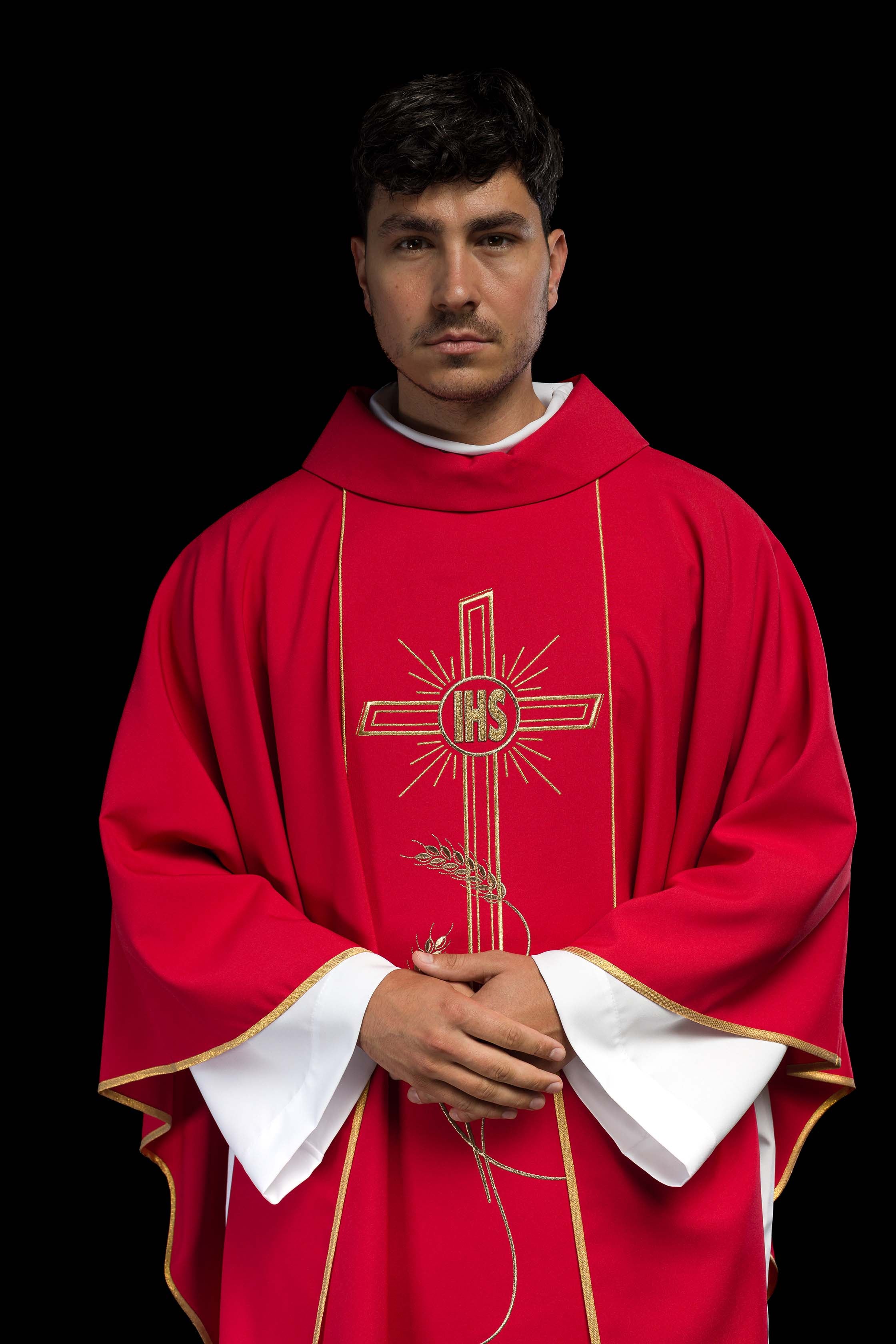 Red chasuble with embroidered Cross IHS symbol - CHASUBLES.COM