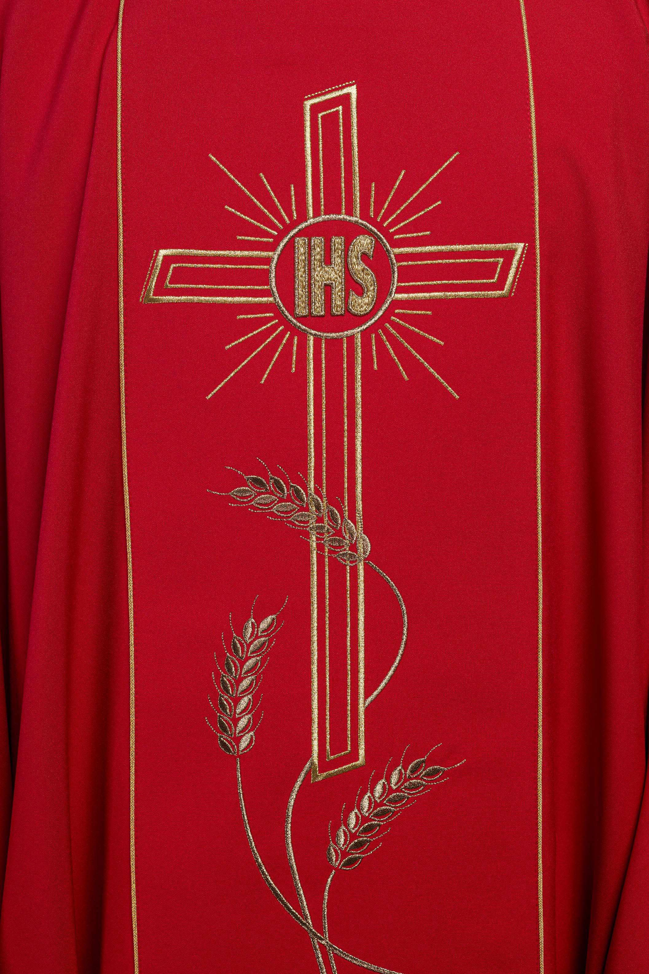 Red chasuble with embroidered Cross IHS symbol - CHASUBLES.COM