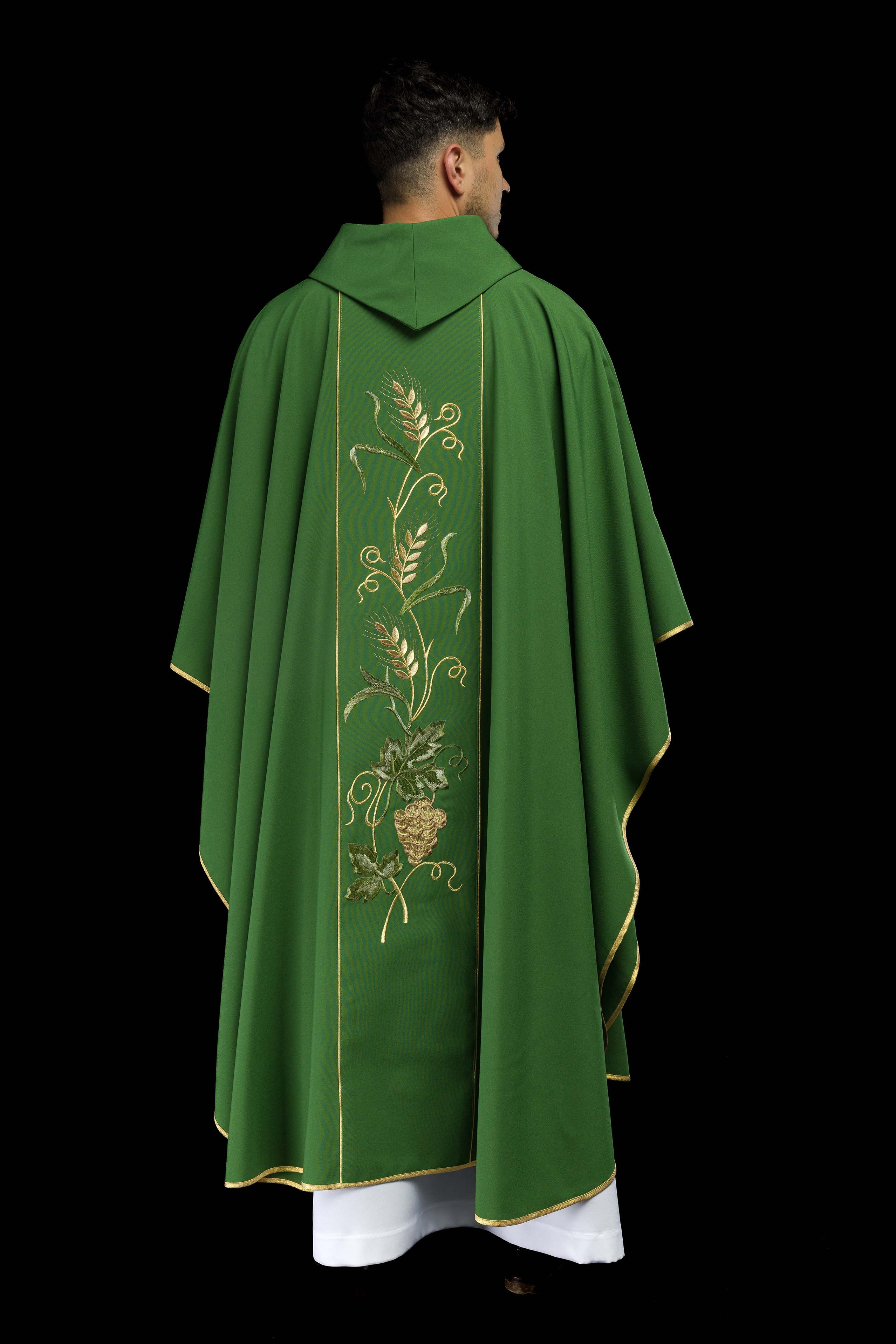 Green chasuble with IHS, ears of wheat, and grapes embroidery on a belt - CHASUBLES.COM