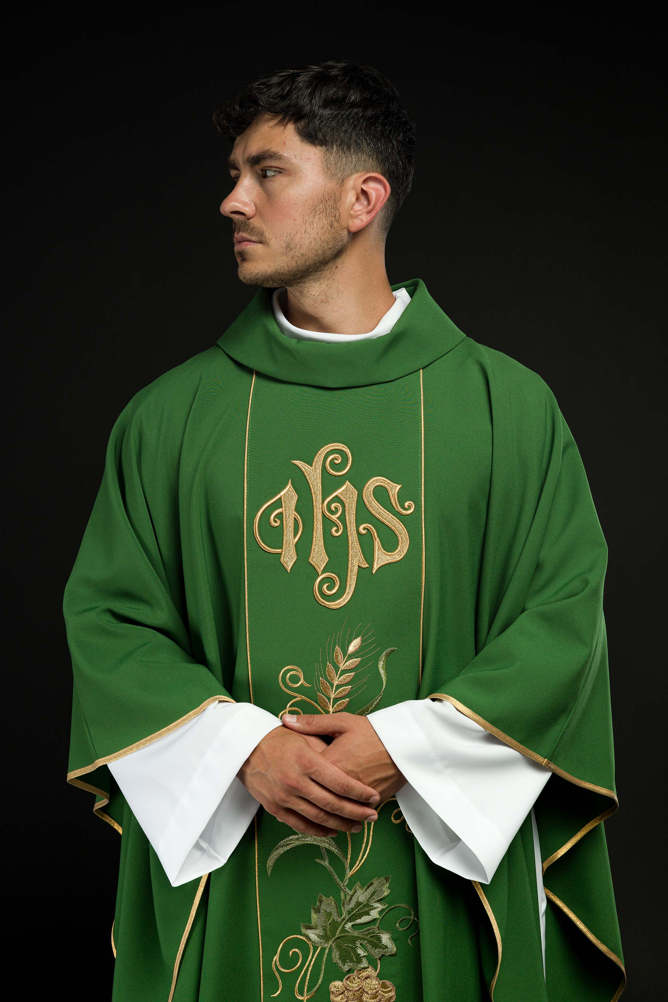Green chasuble with IHS, ears of wheat, and grapes embroidery on a belt - CHASUBLES.COM