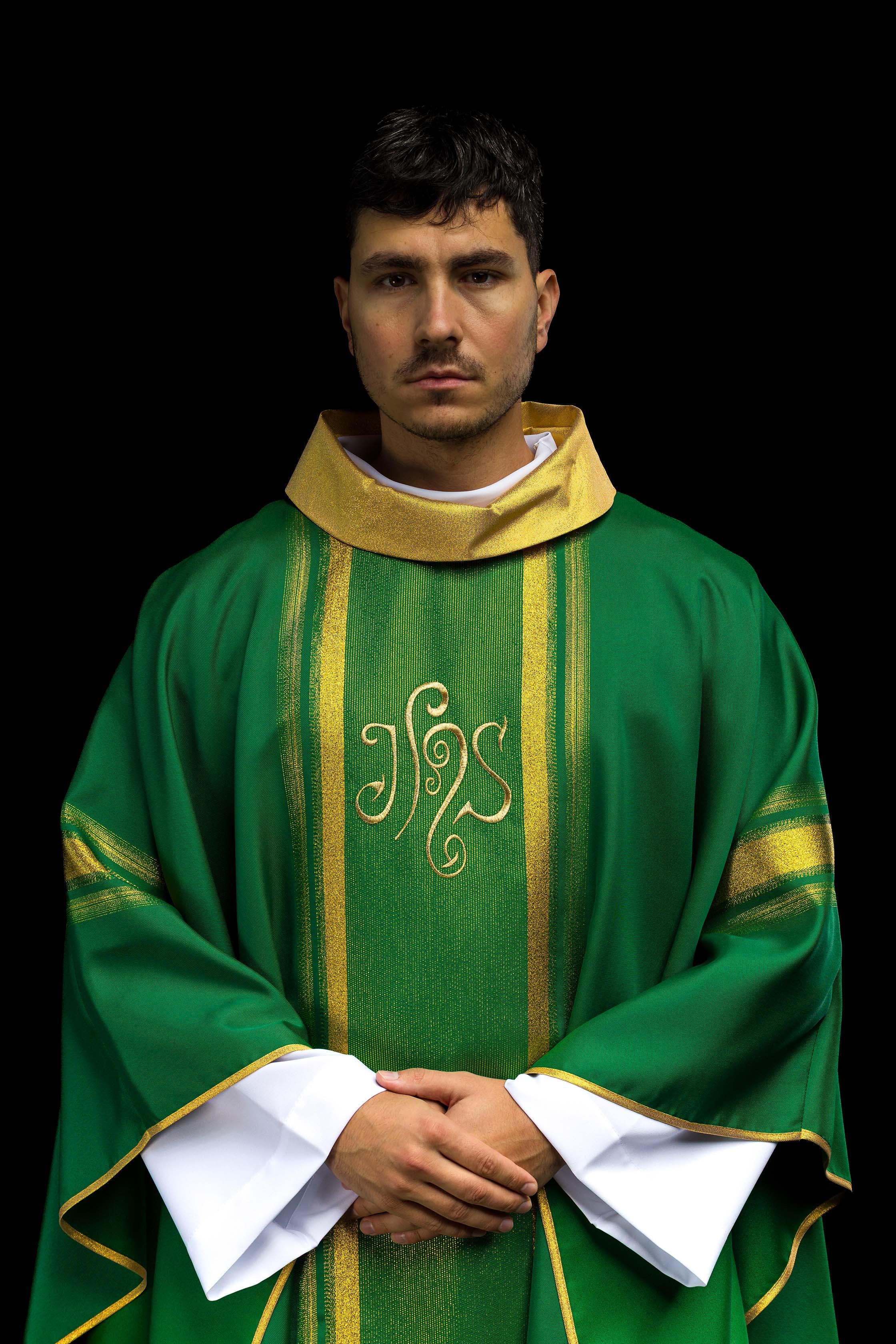 Green chasuble embroidered with IHS motif with gilding