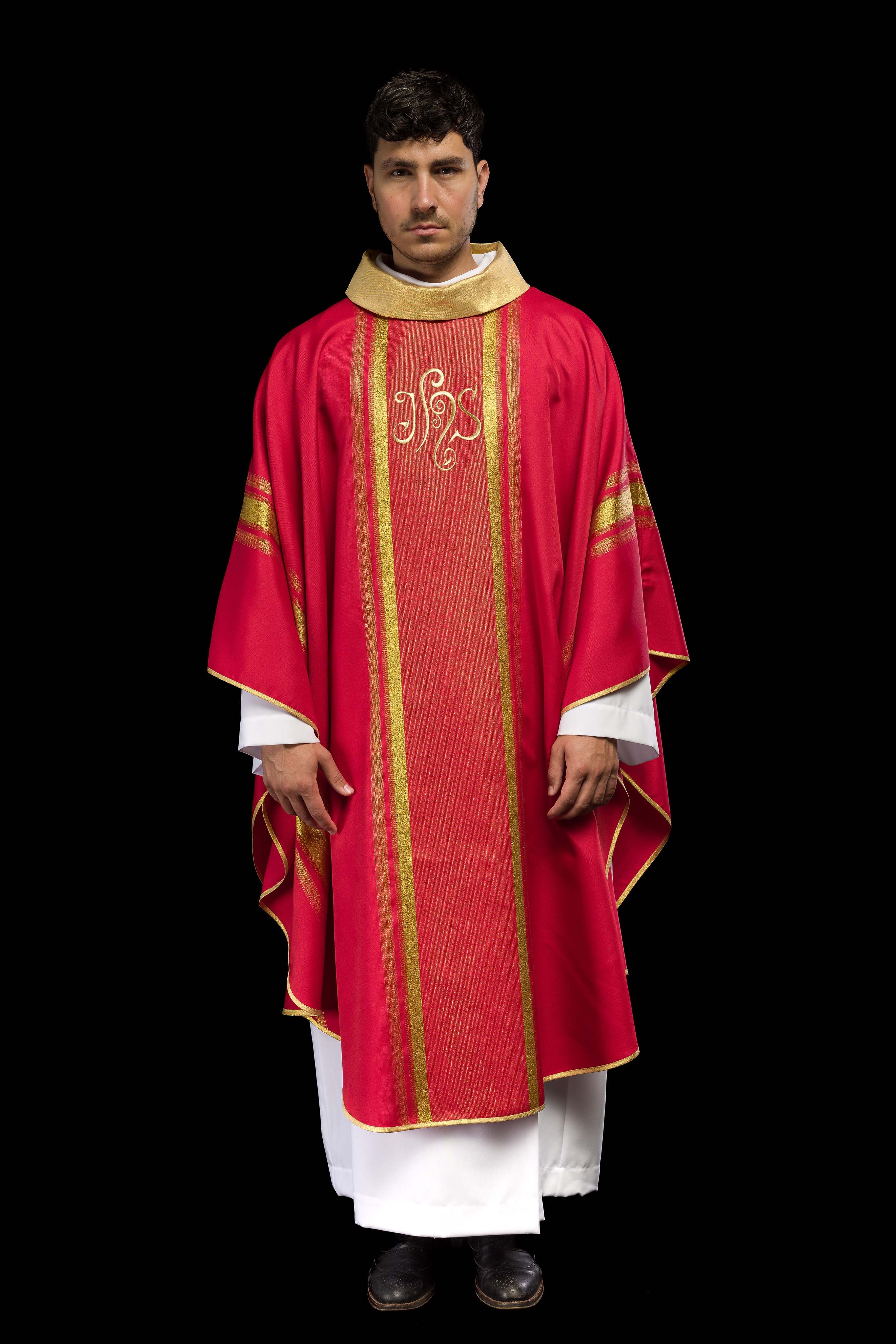 Red chasuble embroidered with IHS motif with gilding - CHASUBLES.COM