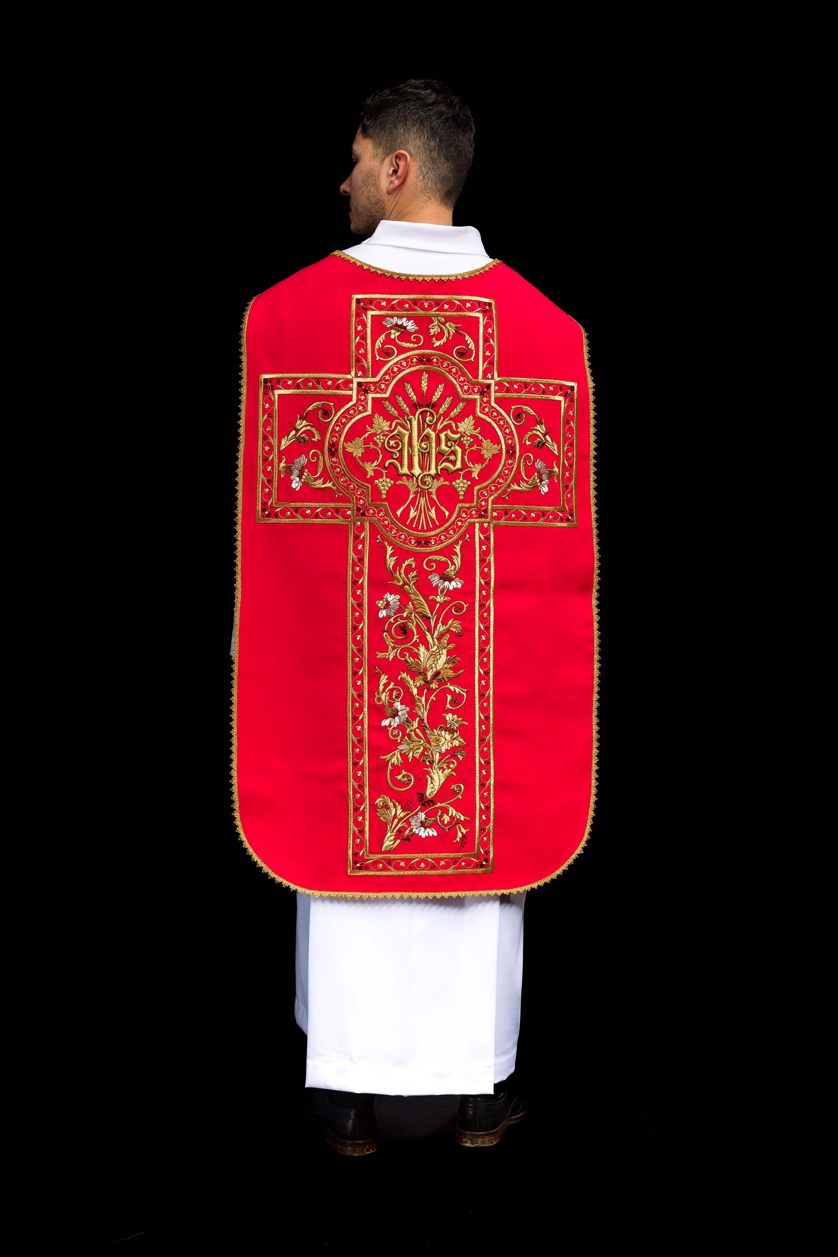 Red Roman Chasuble embroidered with the motif of IHS - CHASUBLES.COM