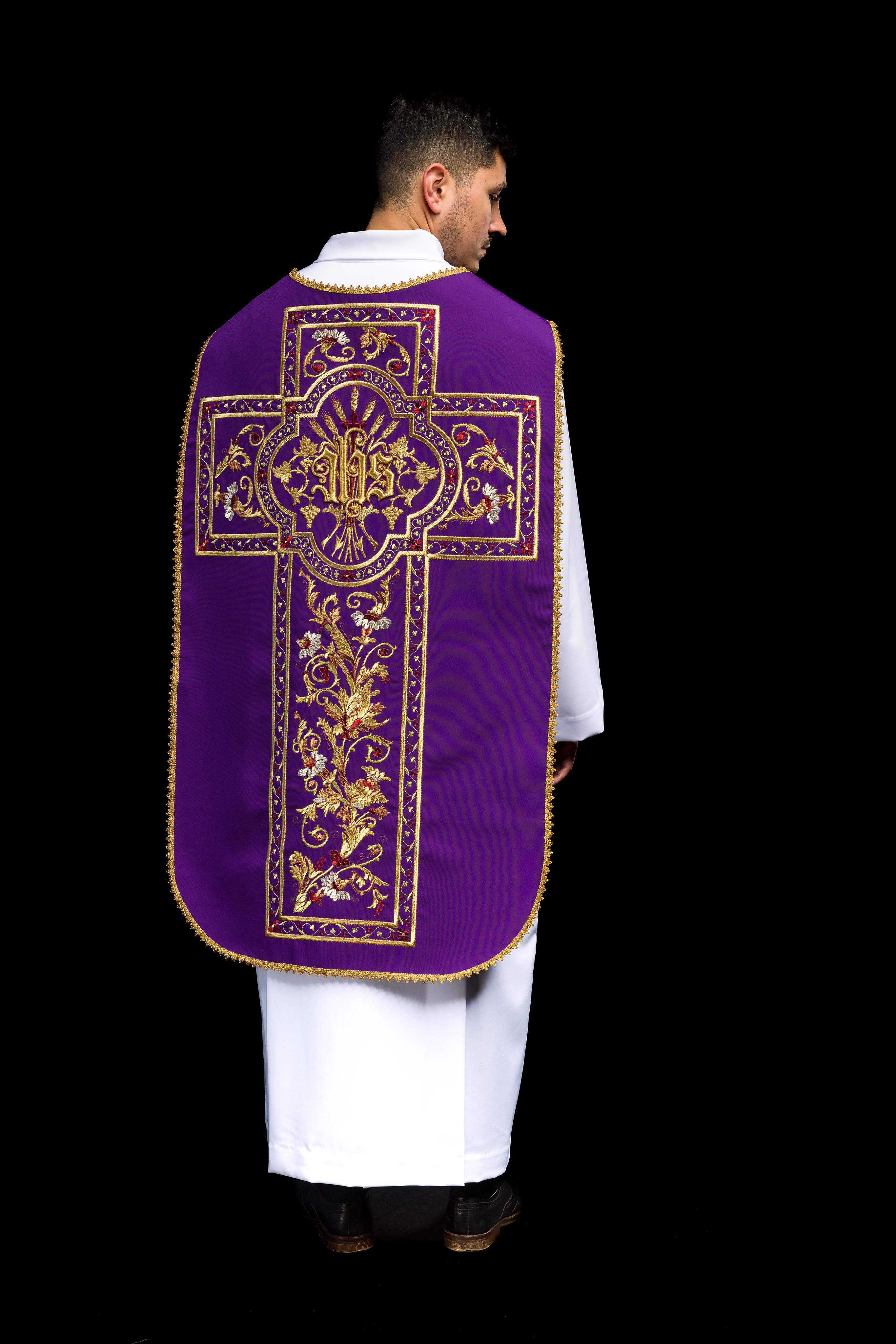 Purple Roman Chasuble embroidered with the motif of IHS - CHASUBLES.COM