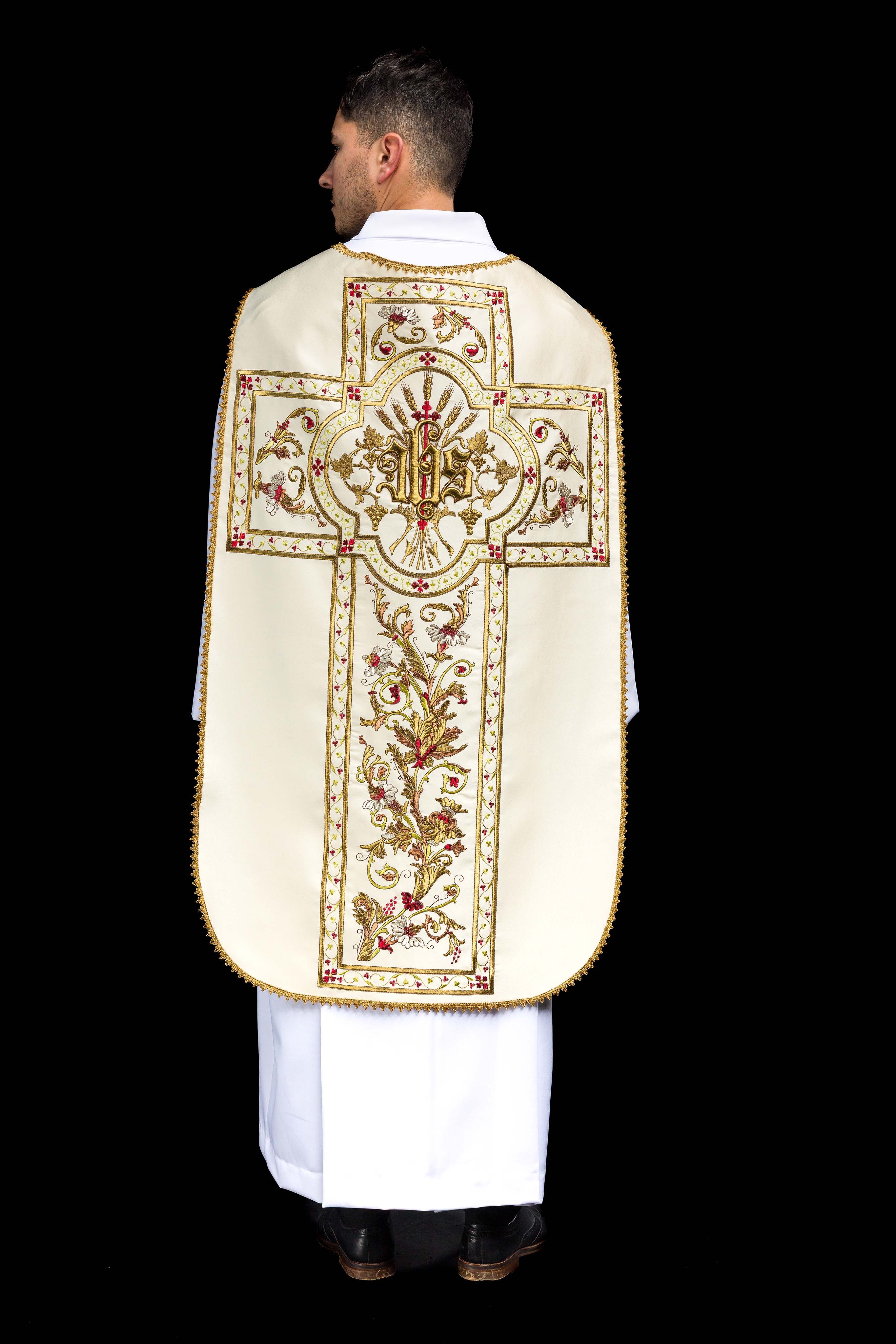 Roman ivory chasuble with classic gold JHS embroidery - CHASUBLES.COM